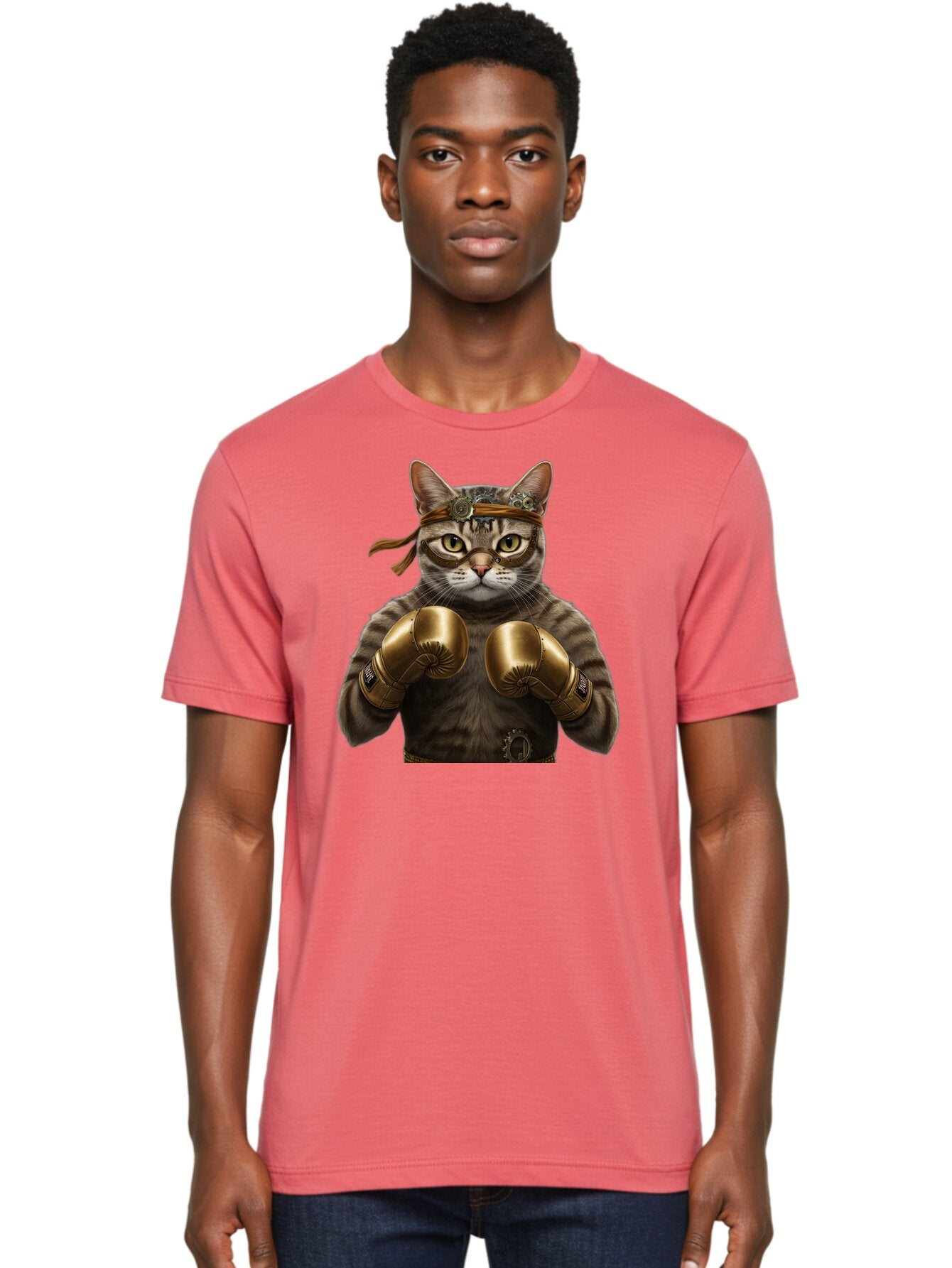 Steampunk-Cat-Boxer Men'S Graphic Tee, 100% Cotton, Comfortable Casual Summer Wear, Machine Washable, Steampunk Cat, Boxing Gloves, Steampunk Accessories, Fantasy Feline, Mechanical Cat, Cat In Boxing Gloves, Whimsical Illustration, Bae788 27