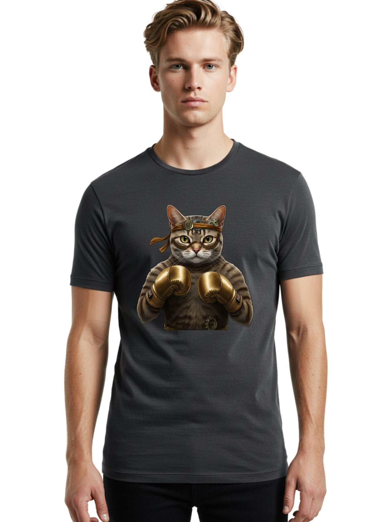 Steampunk-Cat-Boxer Men'S Graphic Tee, 100% Cotton, Comfortable Casual Summer Wear, Machine Washable, Steampunk Cat, Boxing Gloves, Steampunk Accessories, Fantasy Feline, Mechanical Cat, Cat In Boxing Gloves, Whimsical Illustration, Bae788 24