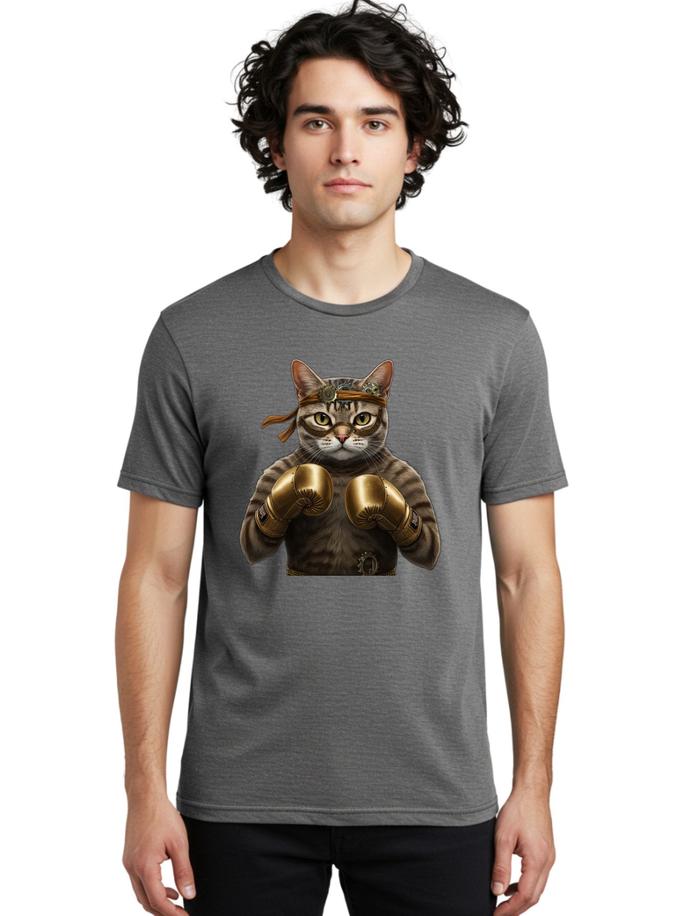 Steampunk-Cat-Boxer Men'S Graphic Tee, 100% Cotton, Comfortable Casual Summer Wear, Machine Washable, Steampunk Cat, Boxing Gloves, Steampunk Accessories, Fantasy Feline, Mechanical Cat, Cat In Boxing Gloves, Whimsical Illustration, Bae788 28