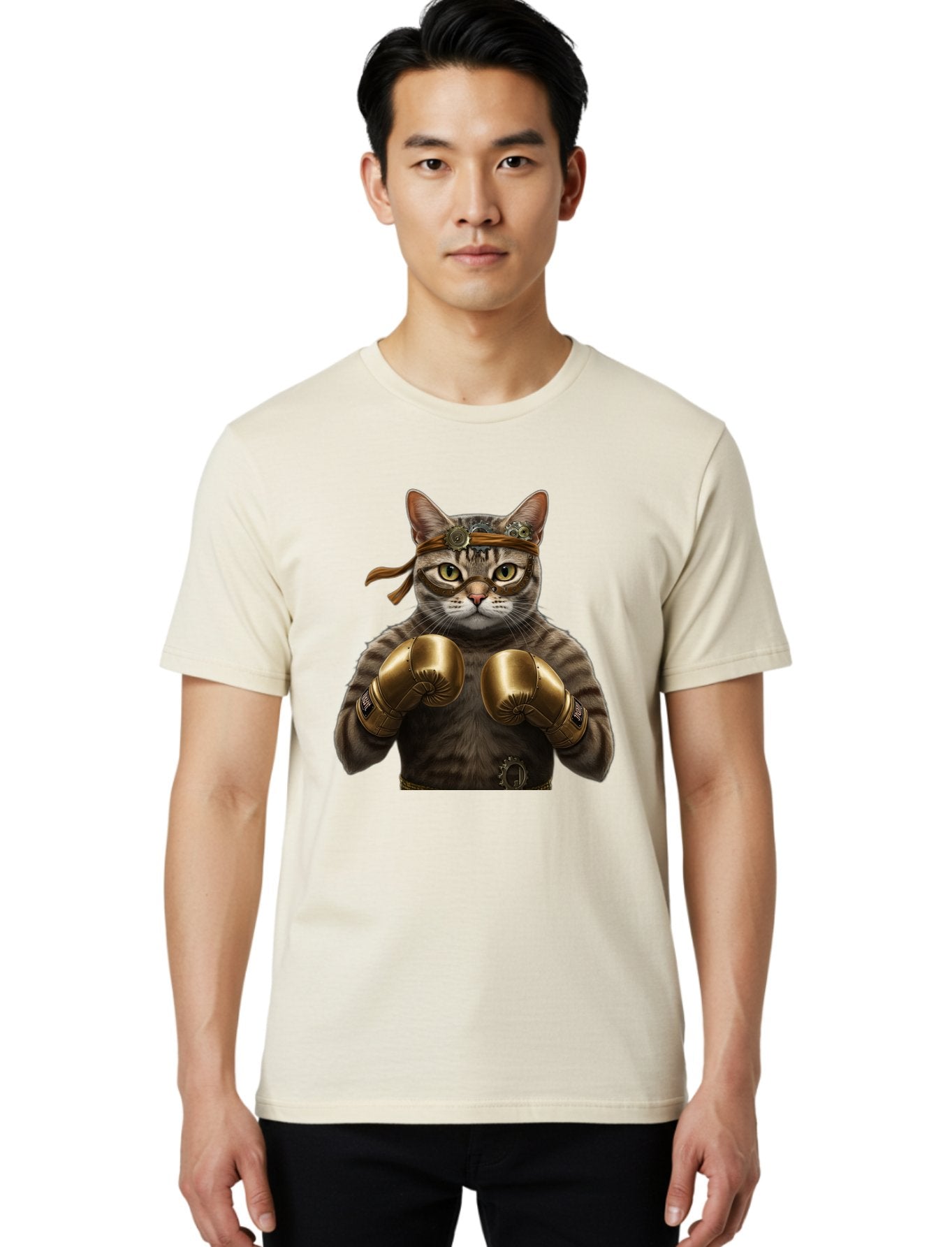Steampunk-Cat-Boxer Men'S Graphic Tee, 100% Cotton, Comfortable Casual Summer Wear, Machine Washable, Steampunk Cat, Boxing Gloves, Steampunk Accessories, Fantasy Feline, Mechanical Cat, Cat In Boxing Gloves, Whimsical Illustration, Bae788 22