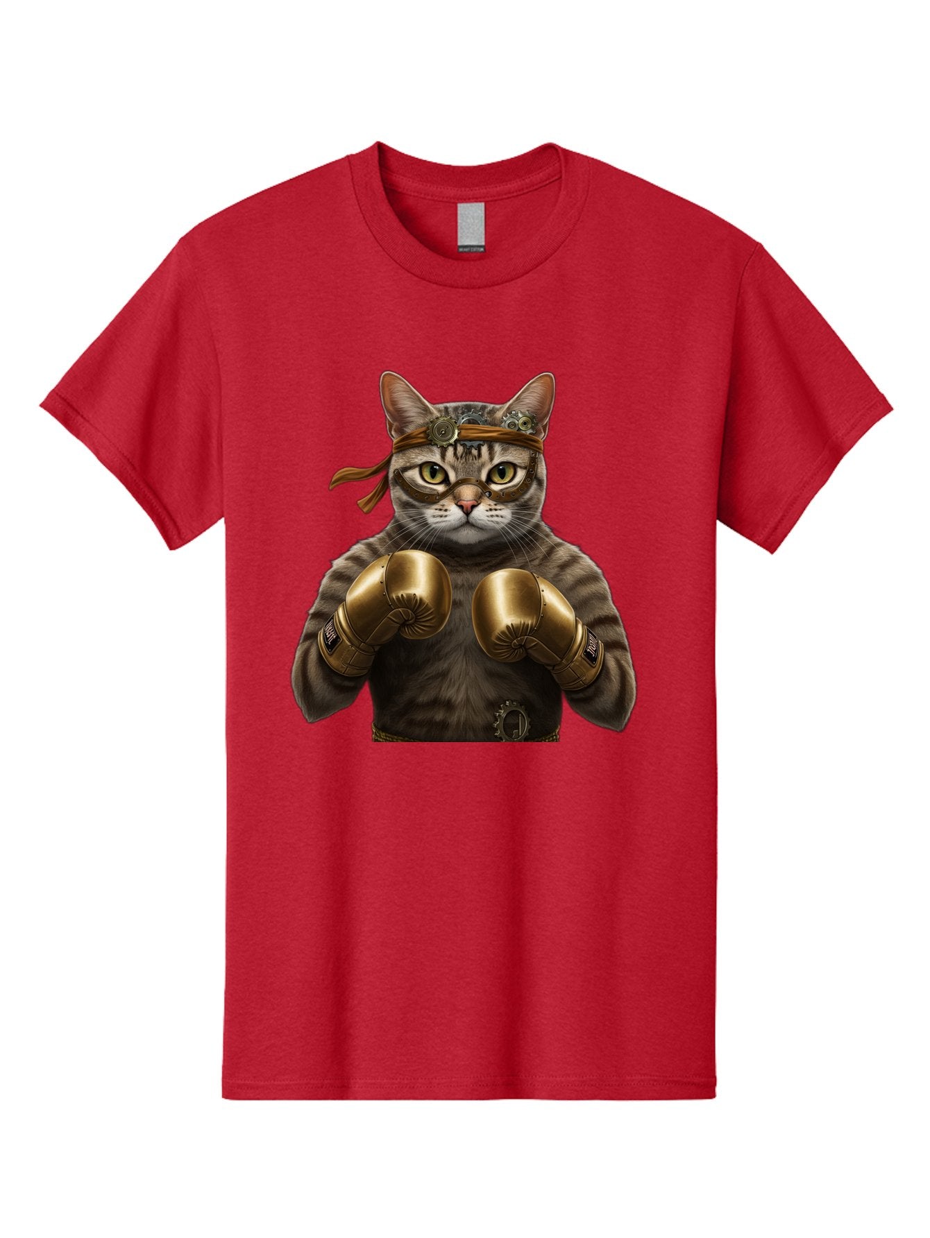 Steampunk-Cat-Boxer Men'S Graphic Tee, 100% Cotton, Comfortable Casual Summer Wear, Machine Washable, Steampunk Cat, Boxing Gloves, Steampunk Accessories, Fantasy Feline, Mechanical Cat, Cat In Boxing Gloves, Whimsical Illustration, Bae788 13