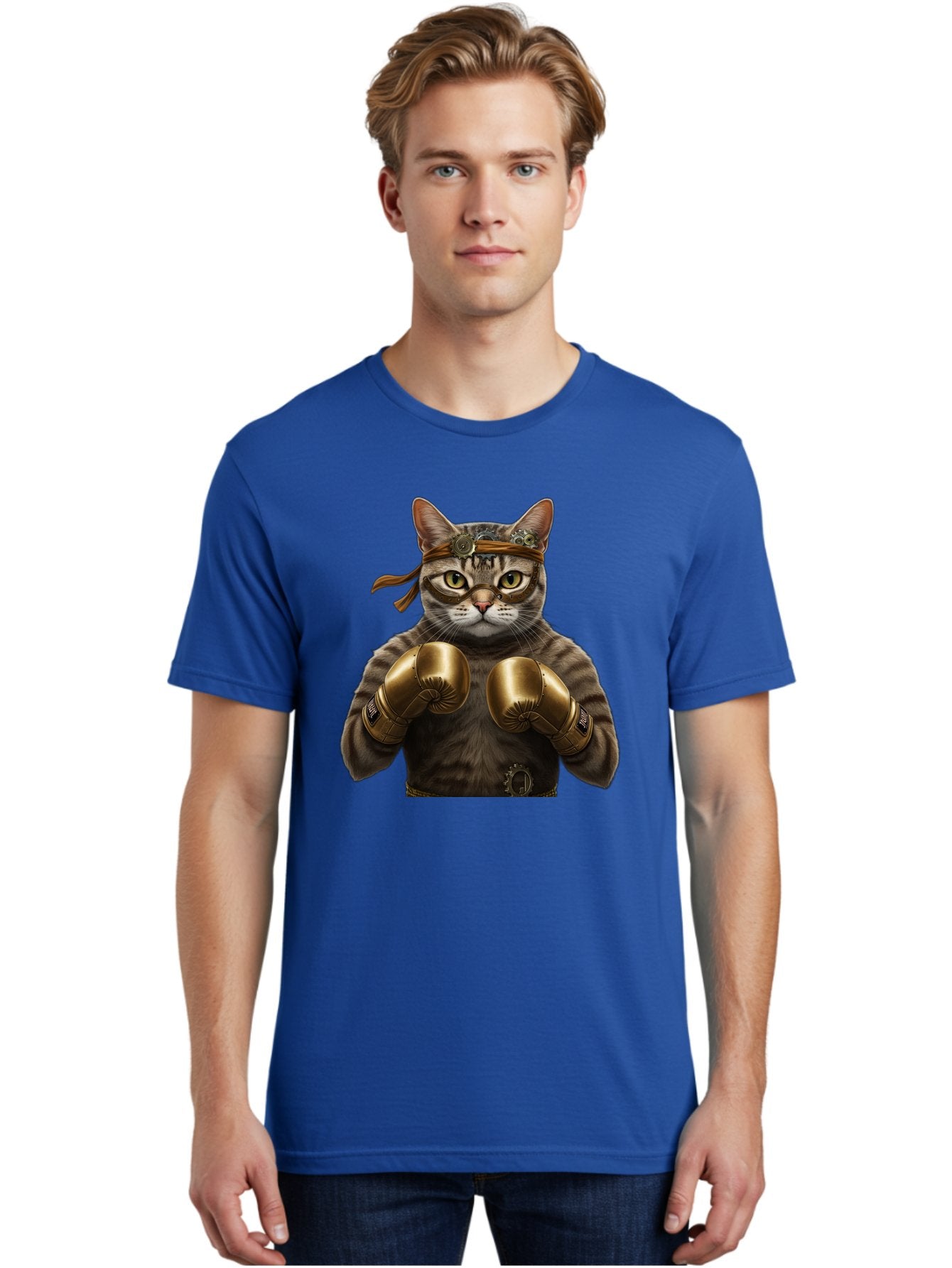 Steampunk-Cat-Boxer Men'S Graphic Tee, 100% Cotton, Comfortable Casual Summer Wear, Machine Washable, Steampunk Cat, Boxing Gloves, Steampunk Accessories, Fantasy Feline, Mechanical Cat, Cat In Boxing Gloves, Whimsical Illustration, Bae788 25