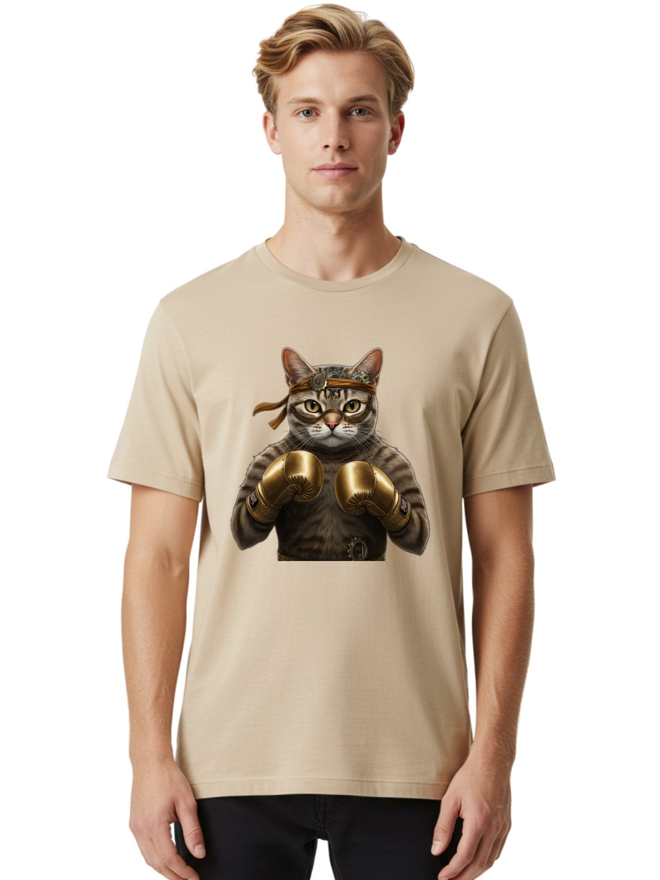 Steampunk-Cat-Boxer Men'S Graphic Tee, 100% Cotton, Comfortable Casual Summer Wear, Machine Washable, Steampunk Cat, Boxing Gloves, Steampunk Accessories, Fantasy Feline, Mechanical Cat, Cat In Boxing Gloves, Whimsical Illustration, Bae788 30