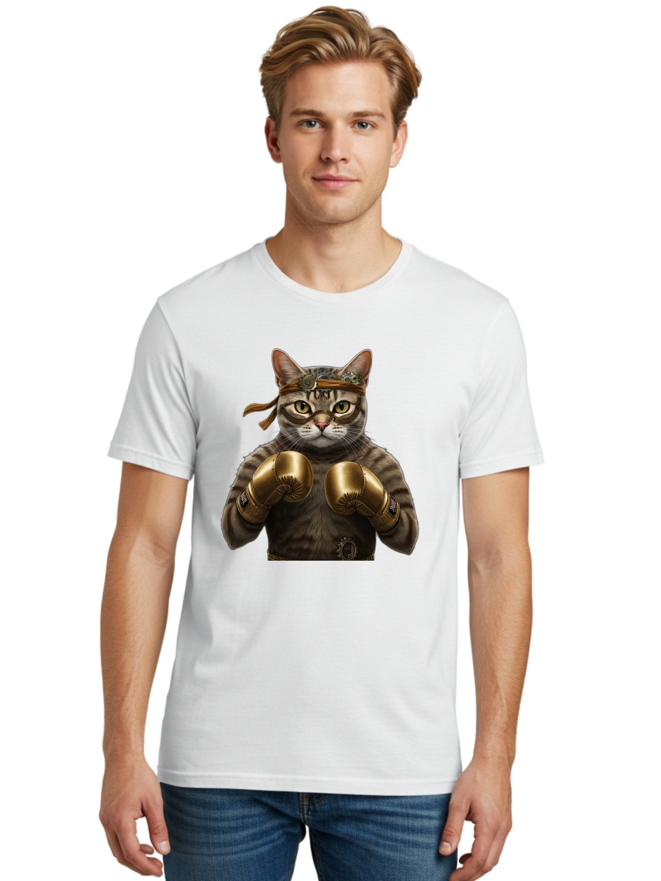 Steampunk-Cat-Boxer Men'S Graphic Tee, 100% Cotton, Comfortable Casual Summer Wear, Machine Washable, Steampunk Cat, Boxing Gloves, Steampunk Accessories, Fantasy Feline, Mechanical Cat, Cat In Boxing Gloves, Whimsical Illustration, Bae788 17