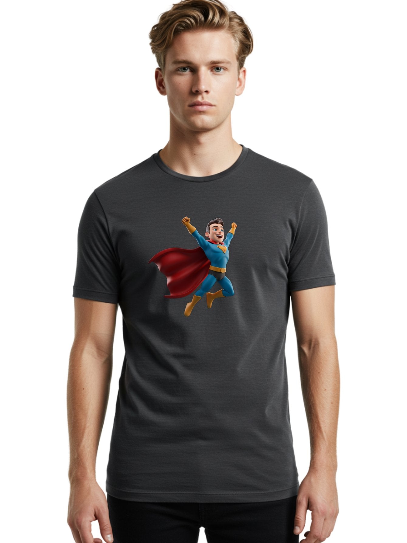 Superman Men'S Graphic Tee, 100% Cotton, Comfortable Casual Summer Wear, Machine Washable, Superhero Character, 3D Cartoon Man, Flying Superhero, Blue Costume, Red Cape, Yellow Emblem, Bold Hero, Dynamic Pose, Superhero Emblem, Comic Hero, Bae791 25