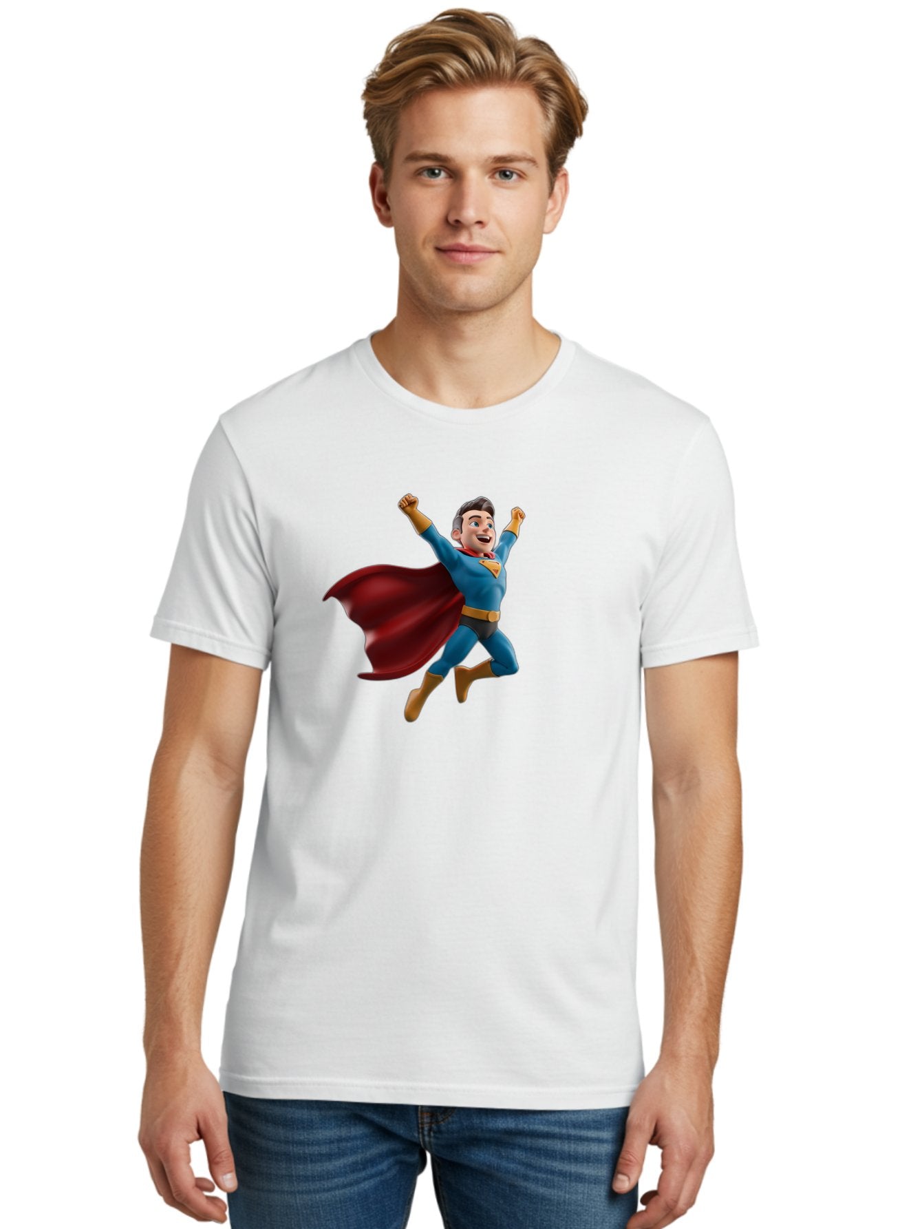 Superman Men'S Graphic Tee, 100% Cotton, Comfortable Casual Summer Wear, Machine Washable, Superhero Character, 3D Cartoon Man, Flying Superhero, Blue Costume, Red Cape, Yellow Emblem, Bold Hero, Dynamic Pose, Superhero Emblem, Comic Hero, Bae791 23