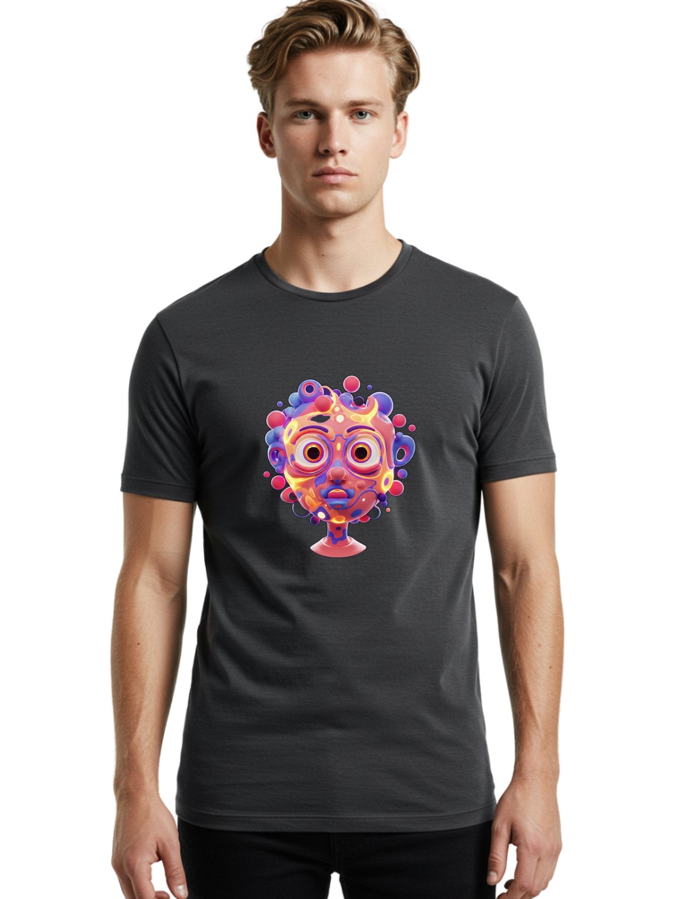 Surreal-Face Men'S Graphic Tee, 100% Cotton, Comfortable Casual Summer Wear, Machine Washable, Surreal Art, Abstract Face, Vibrant Colors, Dreamlike Atmosphere, Psychedelic Design, Futuristic Character, Colorful Eyes Bae792 17