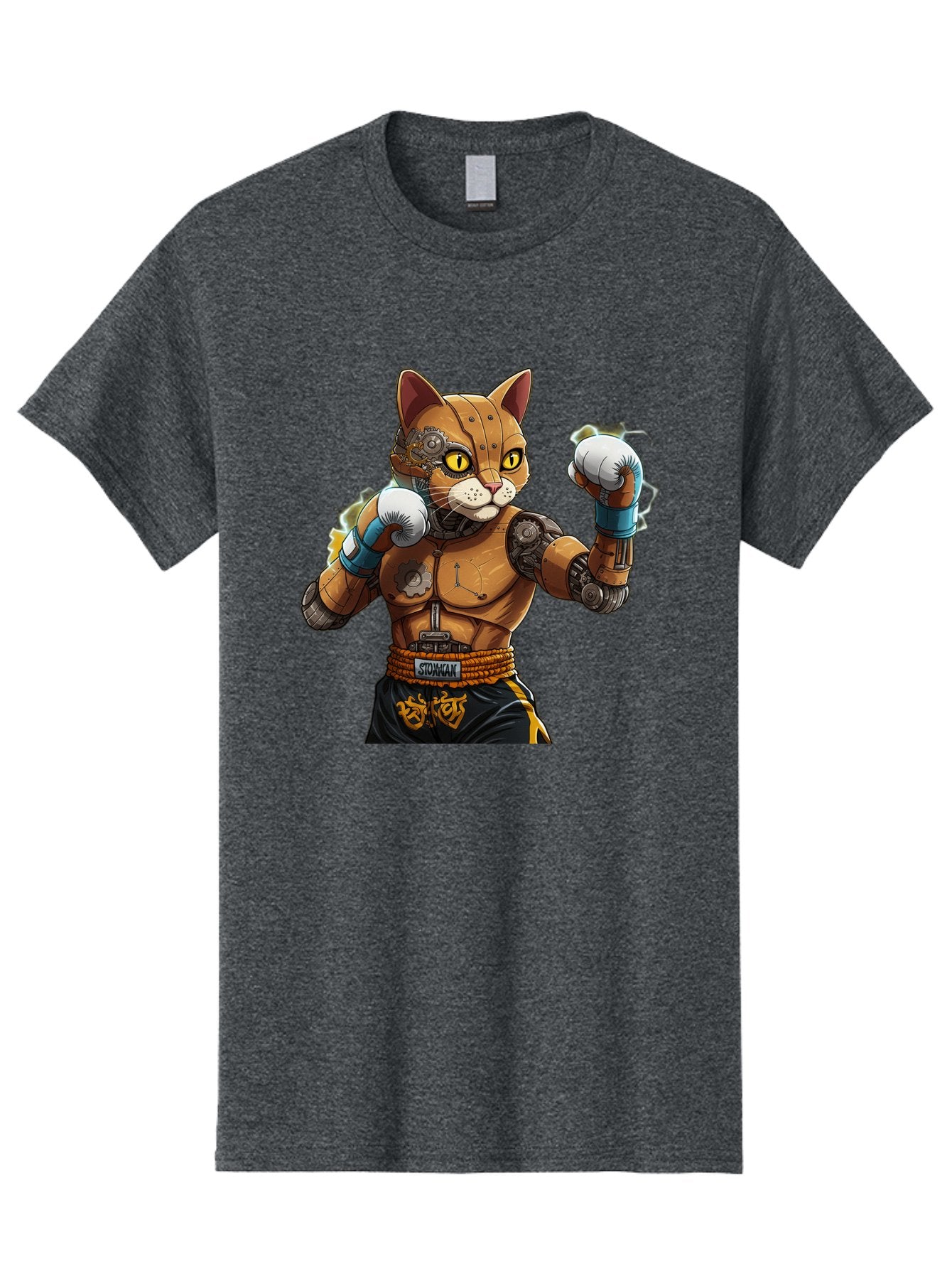 Sworcat Men'S Graphic Tee, 100% Cotton, Comfortable Casual Summer Wear, Machine Washable, Cybernetic Cat, Robotic Feline, Futuristic Illustration, Boxing Cat, Mechanical Cat, Cyberpunk Art, Sci-Fi Creature, Steampunk Cat, Techno Cat, Bae793