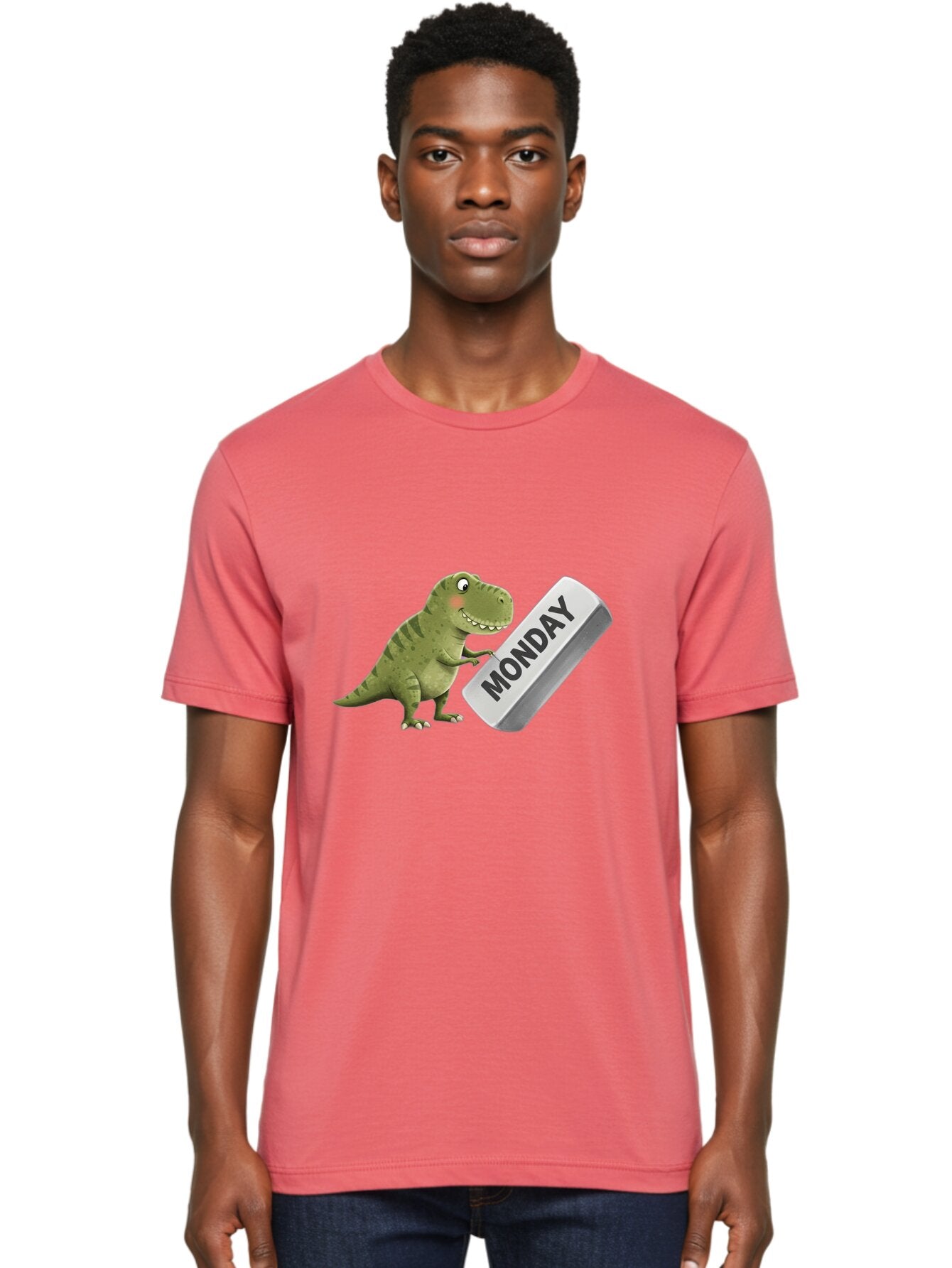 T-Rex-Monday Men'S Graphic Tee, 100% Cotton, Comfortable Casual Summer Wear, Machine Washable, Cartoon Dinosaur Holding 'Monday' Sign, Funny Prehistoric Creature, Humorous Illustration, Monday Motivation, Dino Humor, T-Rex Character Bae794 17