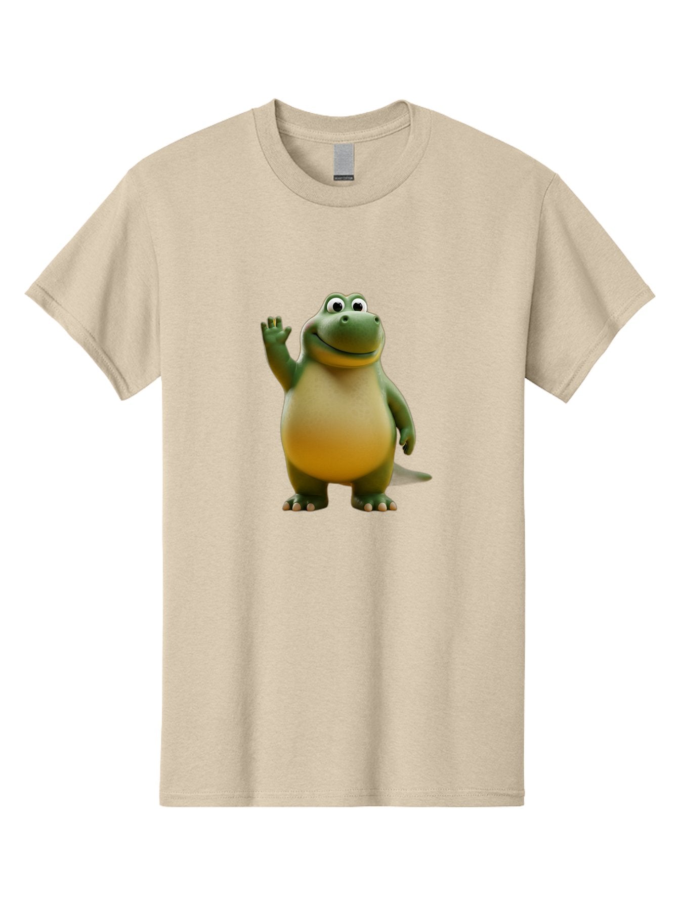T-Rex Men'S Graphic Tee, 100% Cotton, Comfortable Casual Summer Wear, Machine Washable, Cartoon Dinosaur, Friendly Dinosaur, Waving Dinosaur, Green Dinosaur, Happy Dinosaur, 3D Illustration, Cheerful Character, Prehistoric Creature, Bae795
