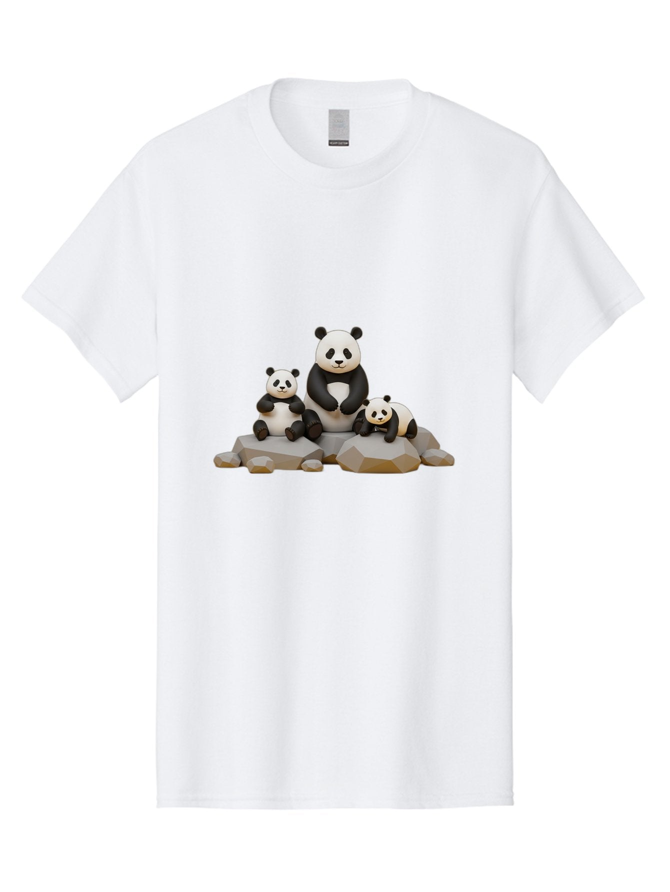 Three-Pandas Men'S Graphic Tee, 100% Cotton, Comfortable Casual Summer Wear, Machine Washable, Three Pandas Sitting On Rocks, Cute Pandas, Adorable Animals, Cartoon Style, 3D Rendering, Panda Family, Wildlife Illustration, Bae799