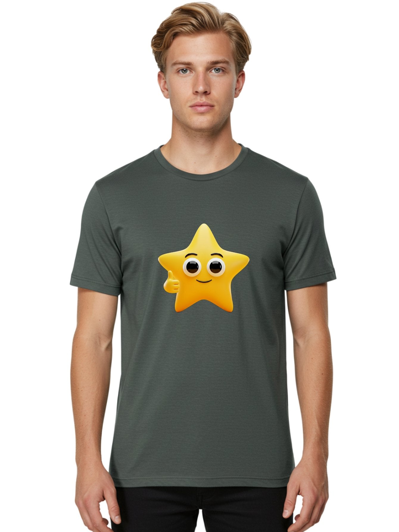 Thumbs-Up-Star Men'S Graphic Tee, 100% Cotton, Comfortable Casual Summer Wear, Machine Washable, Cartoon Star, Thumbs Up Gesture, Smiling Face, Yellow Star Character, Approval Symbol, Friendly Emoji, Cute Mascot, Positive Attitude Bae800 17