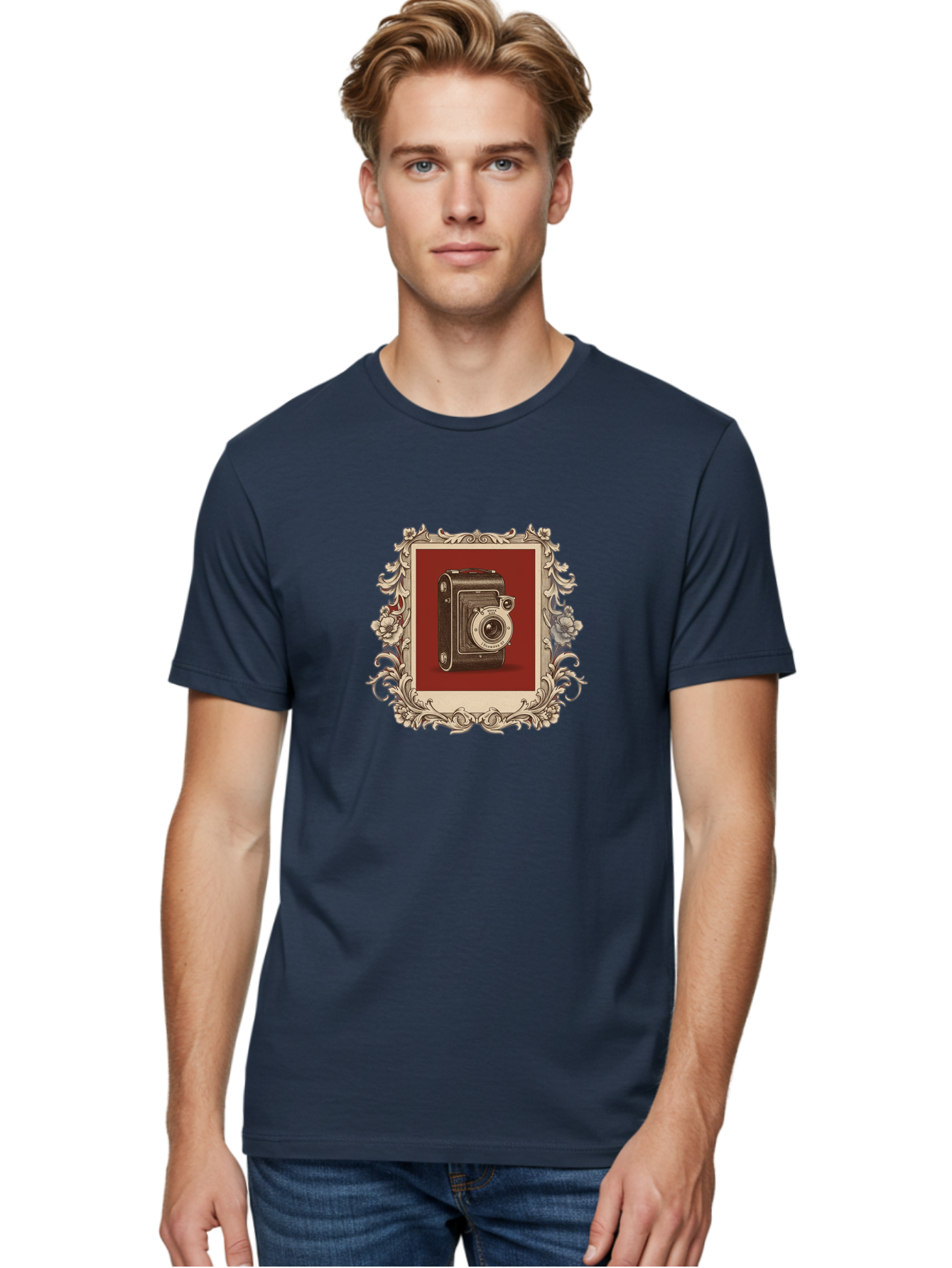 Vintage-Camera-1 Men'S Graphic Tee, 100% Cotton, Comfortable Casual Summer Wear, Machine Washable, Vintage Camera, Ornate Frame, Floral Design, Old-Fashioned Photography, Antique Style, Camera Equipment, Retro Aesthetic, Classic Lens Bae804 20