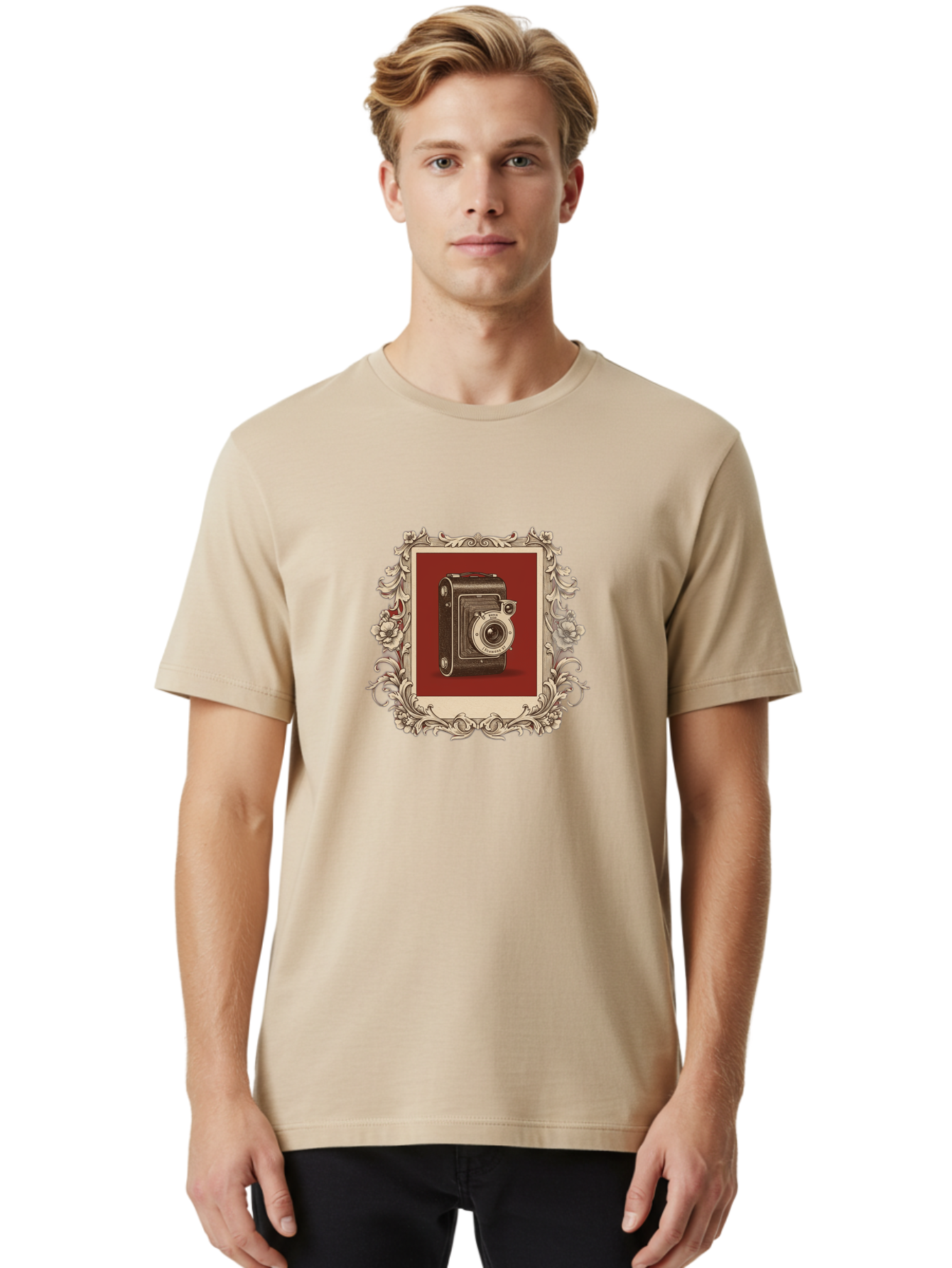 Vintage-Camera-1 Men'S Graphic Tee, 100% Cotton, Comfortable Casual Summer Wear, Machine Washable, Vintage Camera, Ornate Frame, Floral Design, Old-Fashioned Photography, Antique Style, Camera Equipment, Retro Aesthetic, Classic Lens Bae804 21