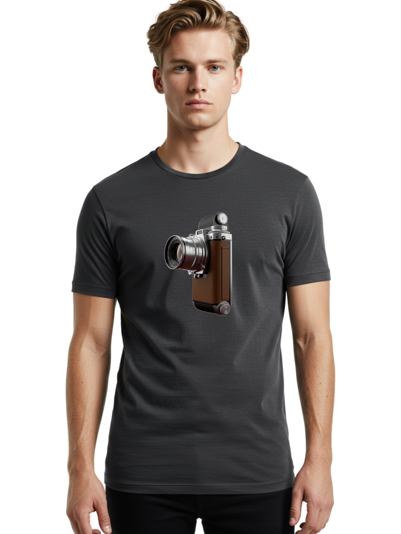 Vintage-Camera-8 Men'S Graphic Tee, 100% Cotton, Comfortable Casual Summer Wear, Machine Washable, Retro Camera, Old Photography Equipment, Classic Design, Film Camera, Lens, Brown Body, Silver Accents, Photography History, Nostalgic Feel, Bae812 19