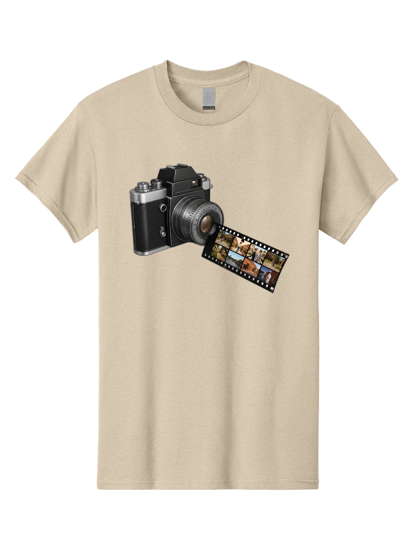 Vintage-Camera-With-Film-Strip Men'S Graphic Tee, 100% Cotton, Comfortable Casual Summer Wear, Machine Washable, Vintage Camera, Film Strip, Photography, Retro Style, Analog Photography, Camera Lens, Photographic Film, Travel Scenes, Bae814