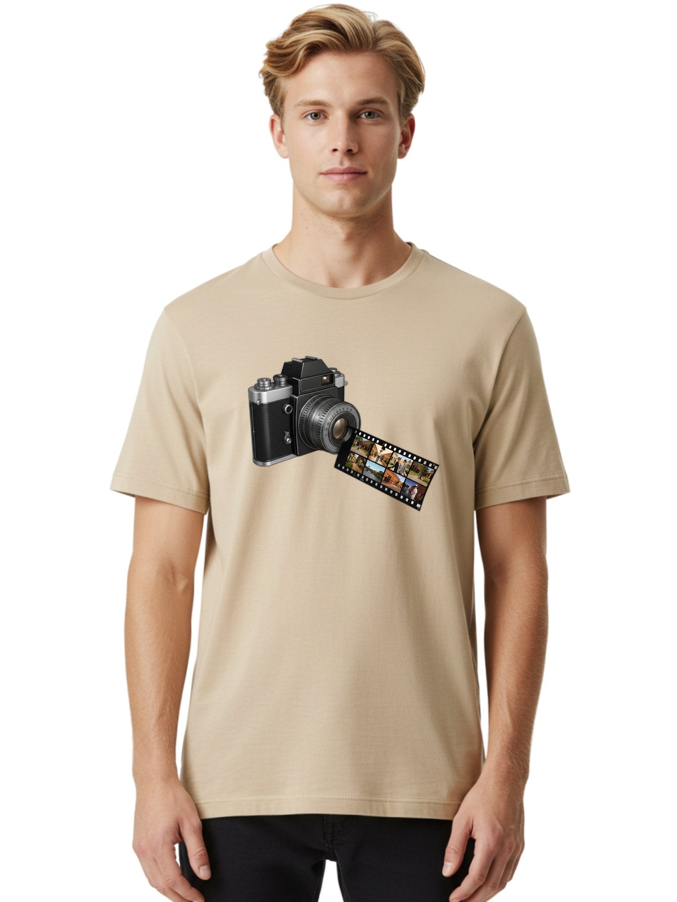 Vintage-Camera-With-Film-Strip Men'S Graphic Tee, 100% Cotton, Comfortable Casual Summer Wear, Machine Washable, Vintage Camera, Film Strip, Photography, Retro Style, Analog Photography, Camera Lens, Photographic Film, Travel Scenes, Bae814 19