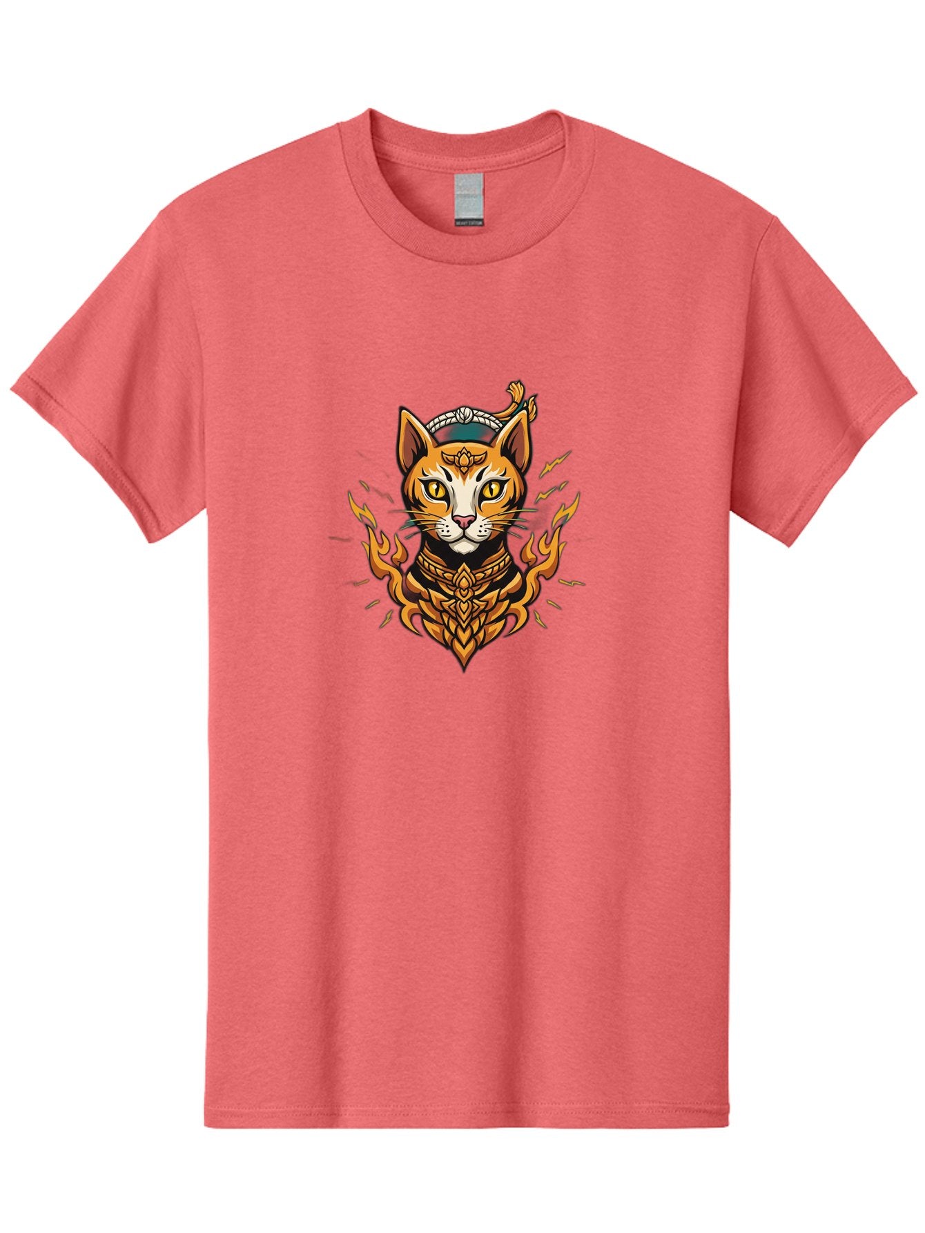 Warrior-Cat-Head Men'S Graphic Tee, 100% Cotton, Comfortable Casual Summer Wear, Machine Washable, Cat With Golden Armor, Warrior Cat, Fantasy Animal, Fierce Expression, Intense Gaze, Sword On Head, Flames, Mystical, Mythical Creature, Bae818 13