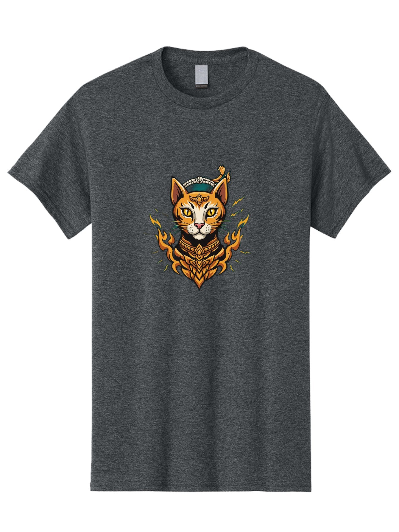 Warrior-Cat-Head Men'S Graphic Tee, 100% Cotton, Comfortable Casual Summer Wear, Machine Washable, Cat With Golden Armor, Warrior Cat, Fantasy Animal, Fierce Expression, Intense Gaze, Sword On Head, Flames, Mystical, Mythical Creature, Bae818 5