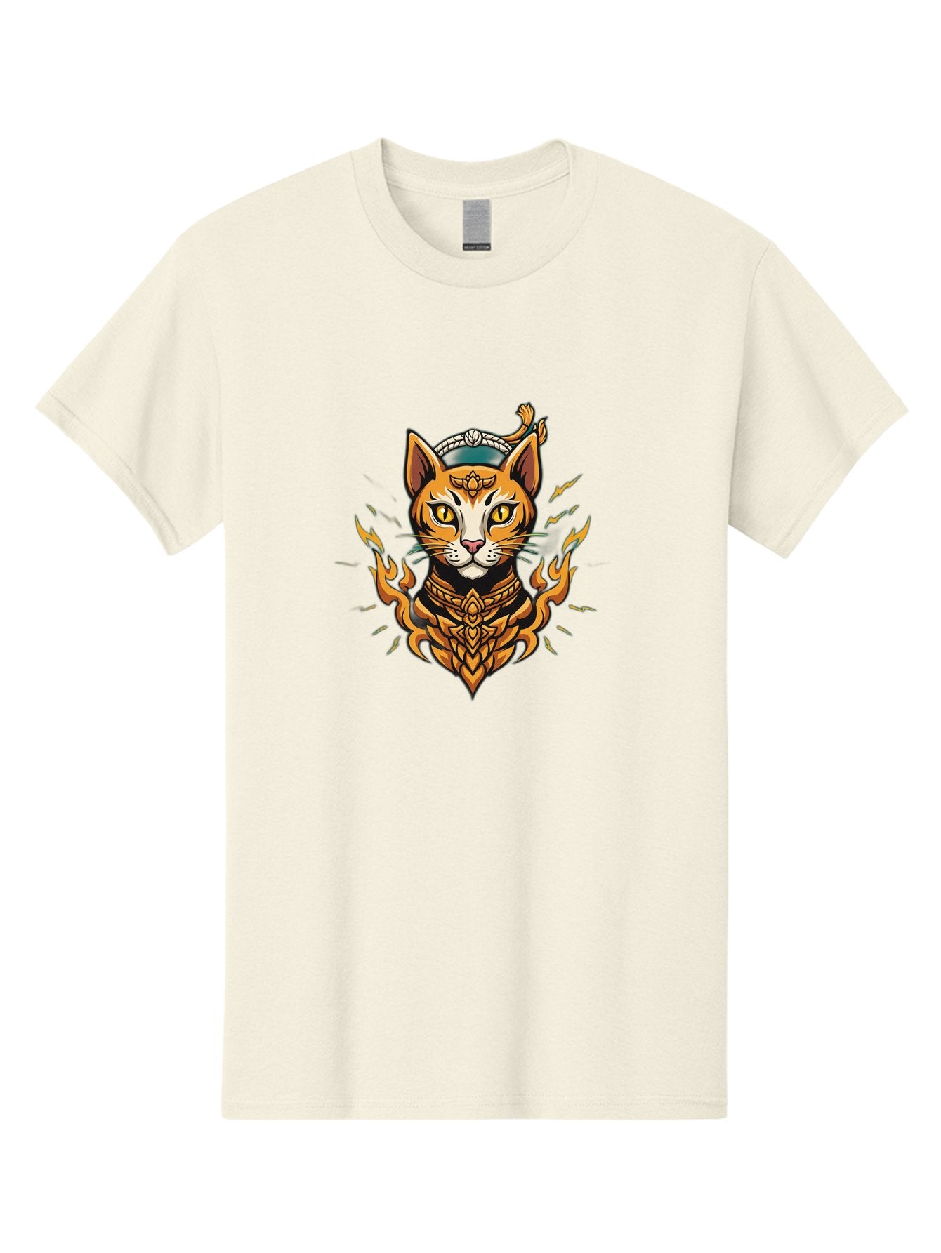 Warrior-Cat-Head Men'S Graphic Tee, 100% Cotton, Comfortable Casual Summer Wear, Machine Washable, Cat With Golden Armor, Warrior Cat, Fantasy Animal, Fierce Expression, Intense Gaze, Sword On Head, Flames, Mystical, Mythical Creature, Bae818 7