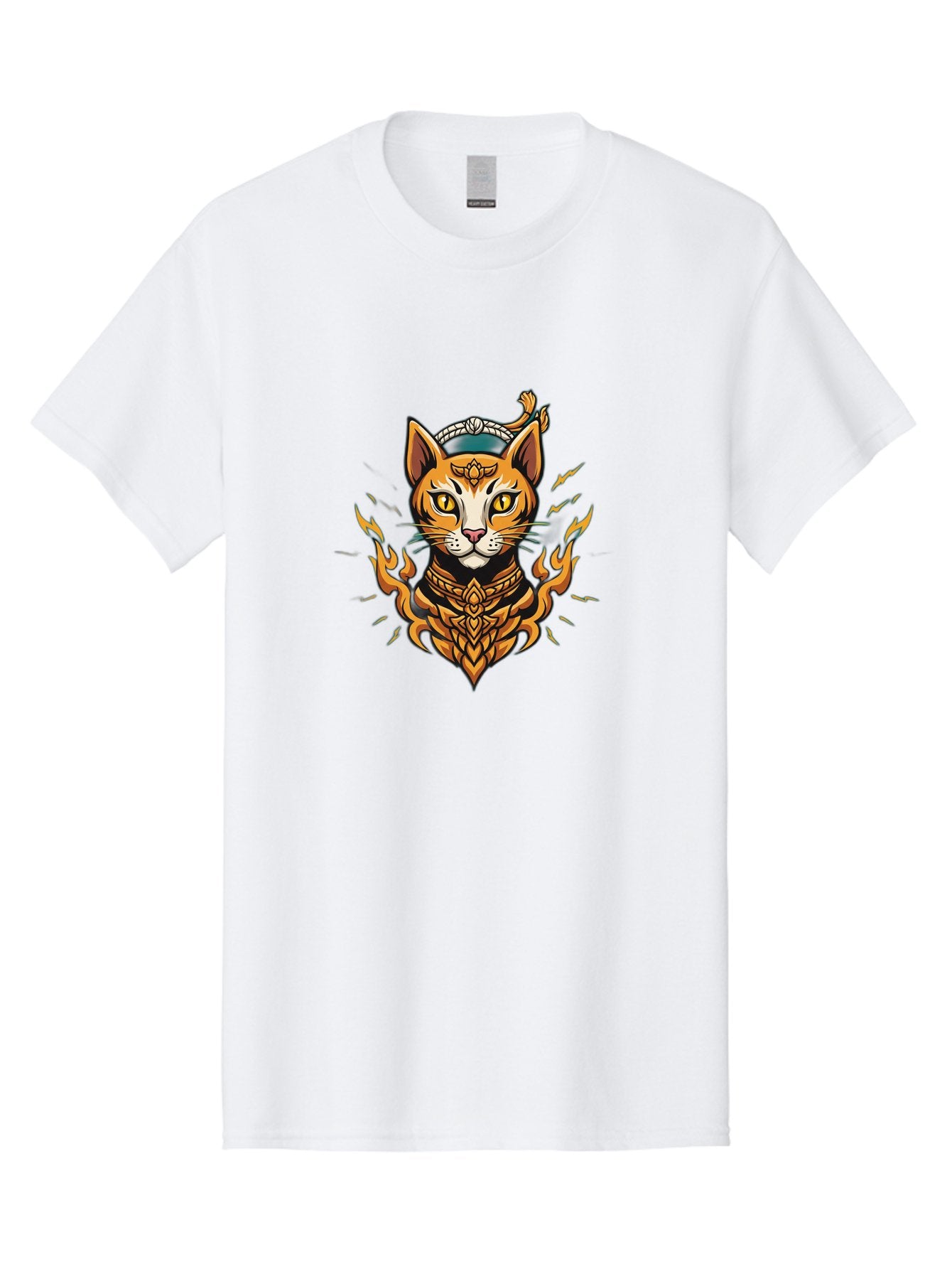 Warrior-Cat-Head Men'S Graphic Tee, 100% Cotton, Comfortable Casual Summer Wear, Machine Washable, Cat With Golden Armor, Warrior Cat, Fantasy Animal, Fierce Expression, Intense Gaze, Sword On Head, Flames, Mystical, Mythical Creature, Bae818 15