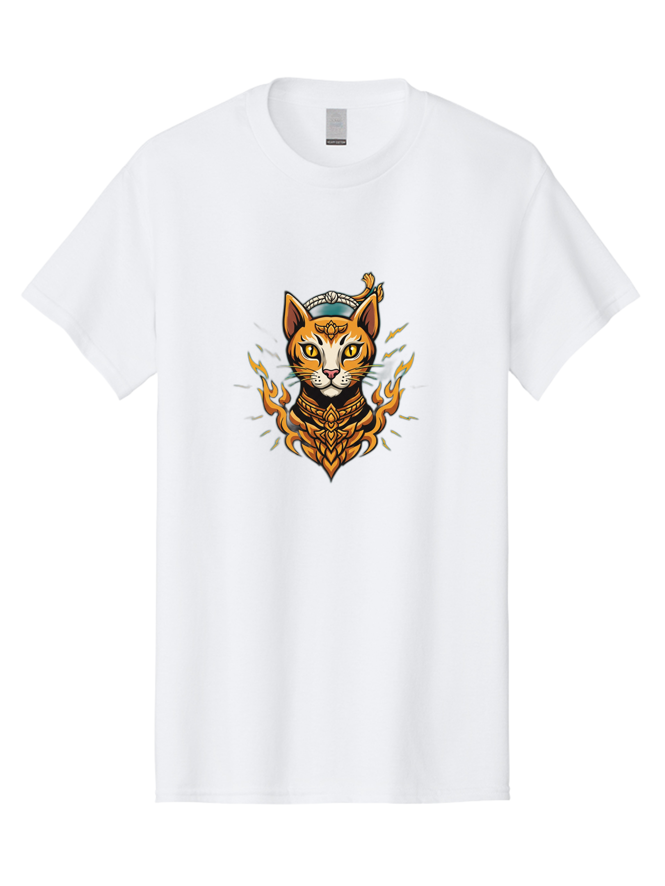 Warrior-Cat-Head Men'S Graphic Tee, 100% Cotton, Comfortable Casual Summer Wear, Machine Washable, Cat With Golden Armor, Warrior Cat, Fantasy Animal, Fierce Expression, Intense Gaze, Sword On Head, Flames, Mystical, Mythical Creature, Bae818