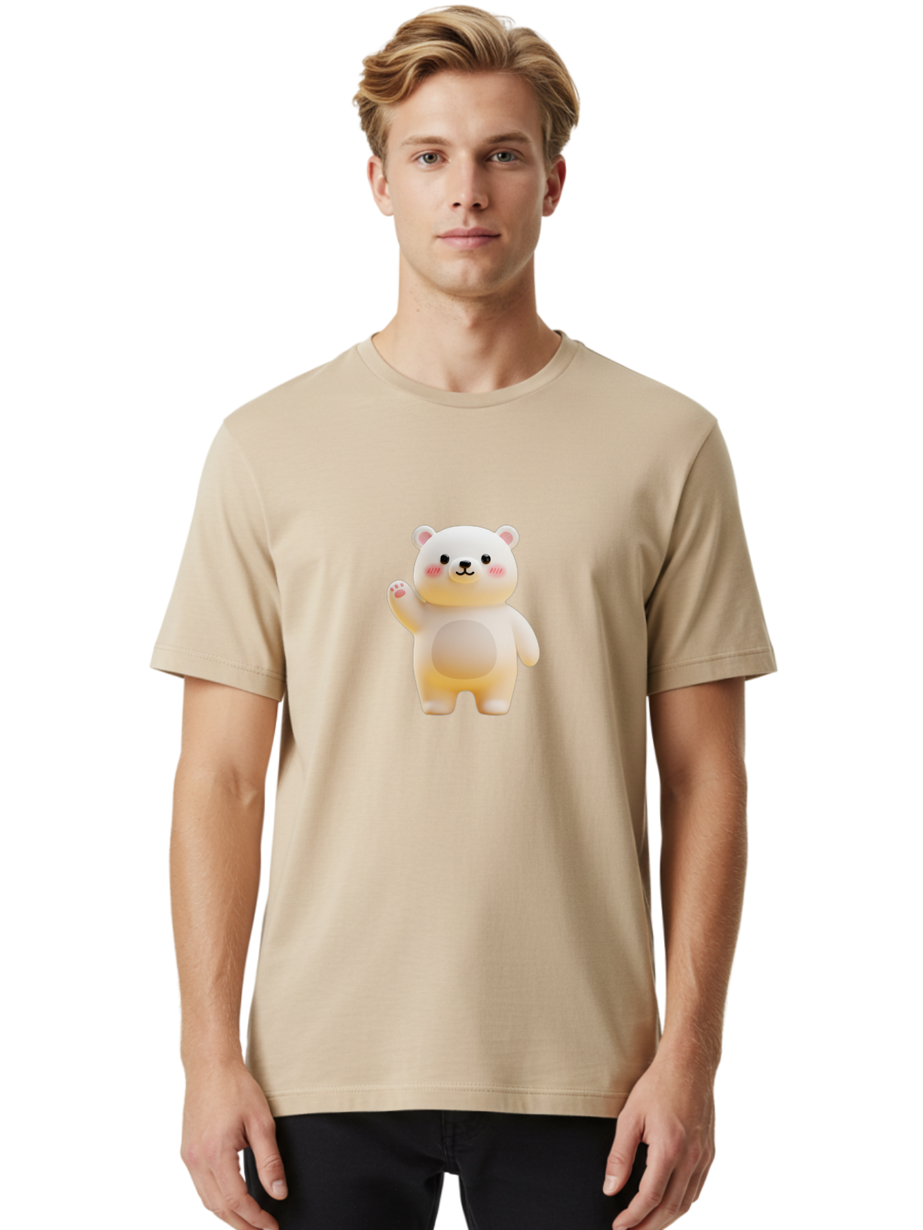 White-Bear-1 Men'S Graphic Tee, 100% Cotton, Comfortable Casual Summer Wear, Machine Washable, Cute Cartoon Bear, White Bear Figurine, Smiling Face, Waving Hand, Soft Toy, Kawaii Character, Nursery Decoration, Plushie, Adorable Animal, Bae819 24