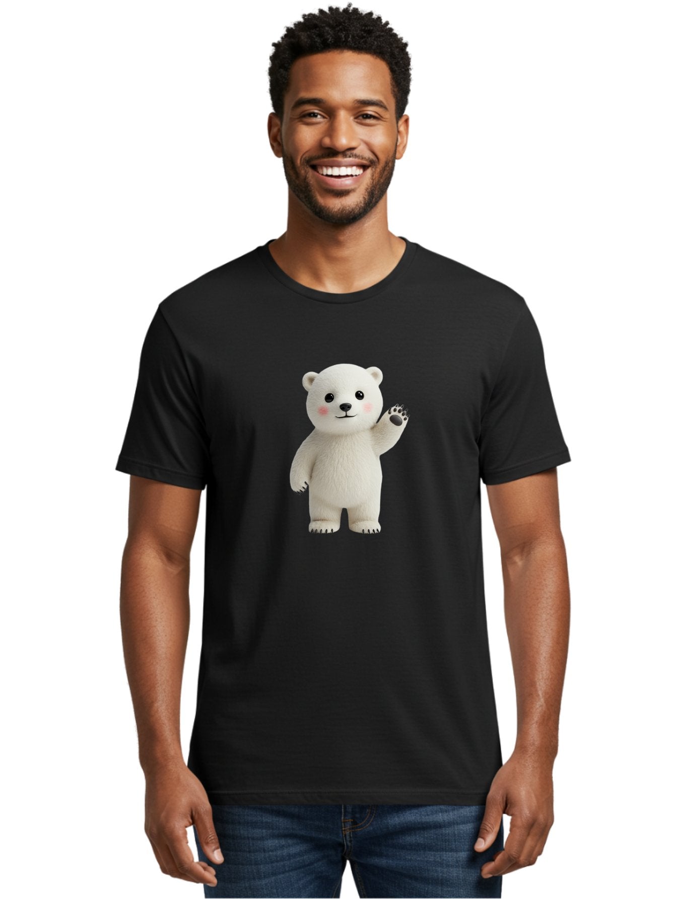White-Bear Men'S Graphic Tee, 100% Cotton, Comfortable Casual Summer Wear, Machine Washable, Cute Polar Bear, Cartoon Character, Fluffy White Fur, Friendly Gesture, Waving Paw, Adorable Expression, 3D Rendering, Digital Art, Cartoon Style, Bae820 29