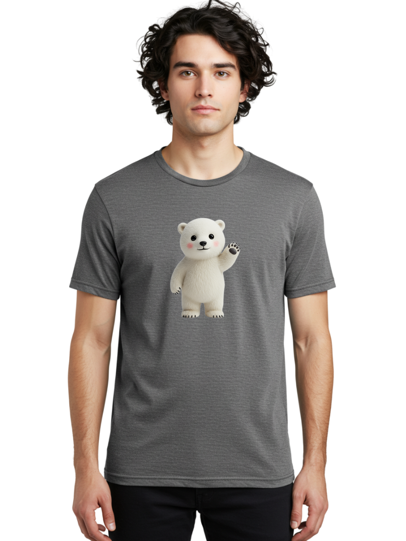 White-Bear Men'S Graphic Tee, 100% Cotton, Comfortable Casual Summer Wear, Machine Washable, Cute Polar Bear, Cartoon Character, Fluffy White Fur, Friendly Gesture, Waving Paw, Adorable Expression, 3D Rendering, Digital Art, Cartoon Style, Bae820 16