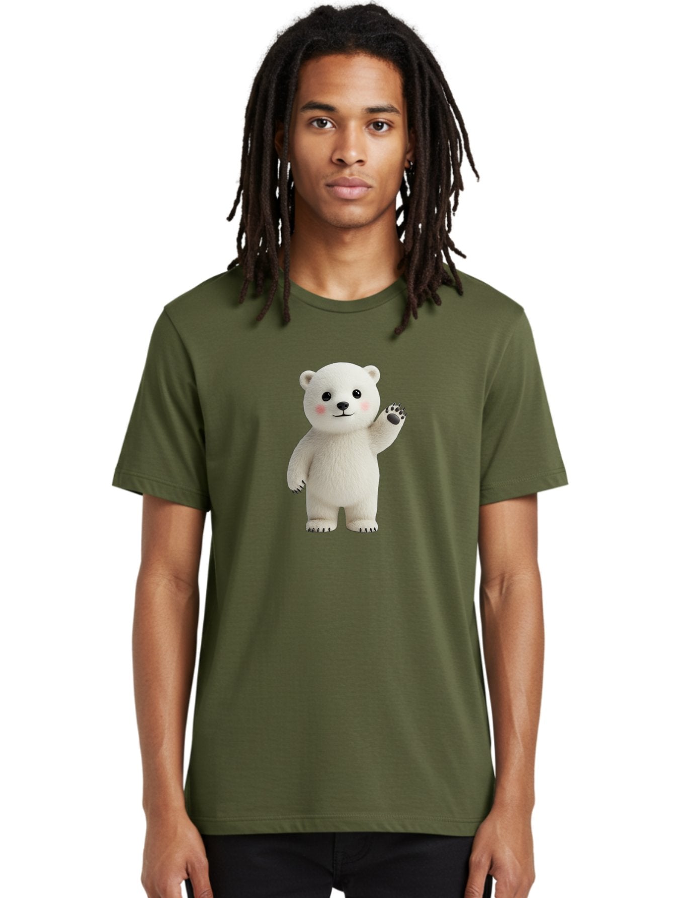 White-Bear Men'S Graphic Tee, 100% Cotton, Comfortable Casual Summer Wear, Machine Washable, Cute Polar Bear, Cartoon Character, Fluffy White Fur, Friendly Gesture, Waving Paw, Adorable Expression, 3D Rendering, Digital Art, Cartoon Style, Bae820 22