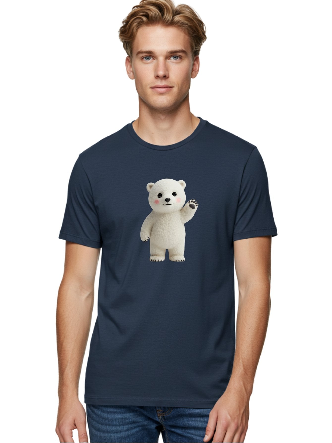 White-Bear Men'S Graphic Tee, 100% Cotton, Comfortable Casual Summer Wear, Machine Washable, Cute Polar Bear, Cartoon Character, Fluffy White Fur, Friendly Gesture, Waving Paw, Adorable Expression, 3D Rendering, Digital Art, Cartoon Style, Bae820 21