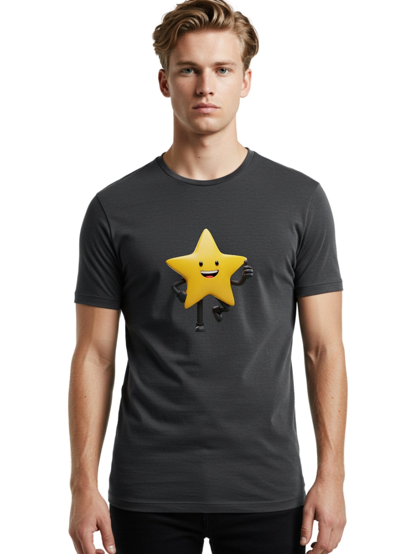 Yellow-Star Men'S Graphic Tee, 100% Cotton, Comfortable Casual Summer Wear, Machine Washable, Cartoon Star, Yellow Star, Smiling Face, Happy Expression, Stick Legs, Animated Character, Funny Star, Cartoon Graphics, Character Design, Bae821 29