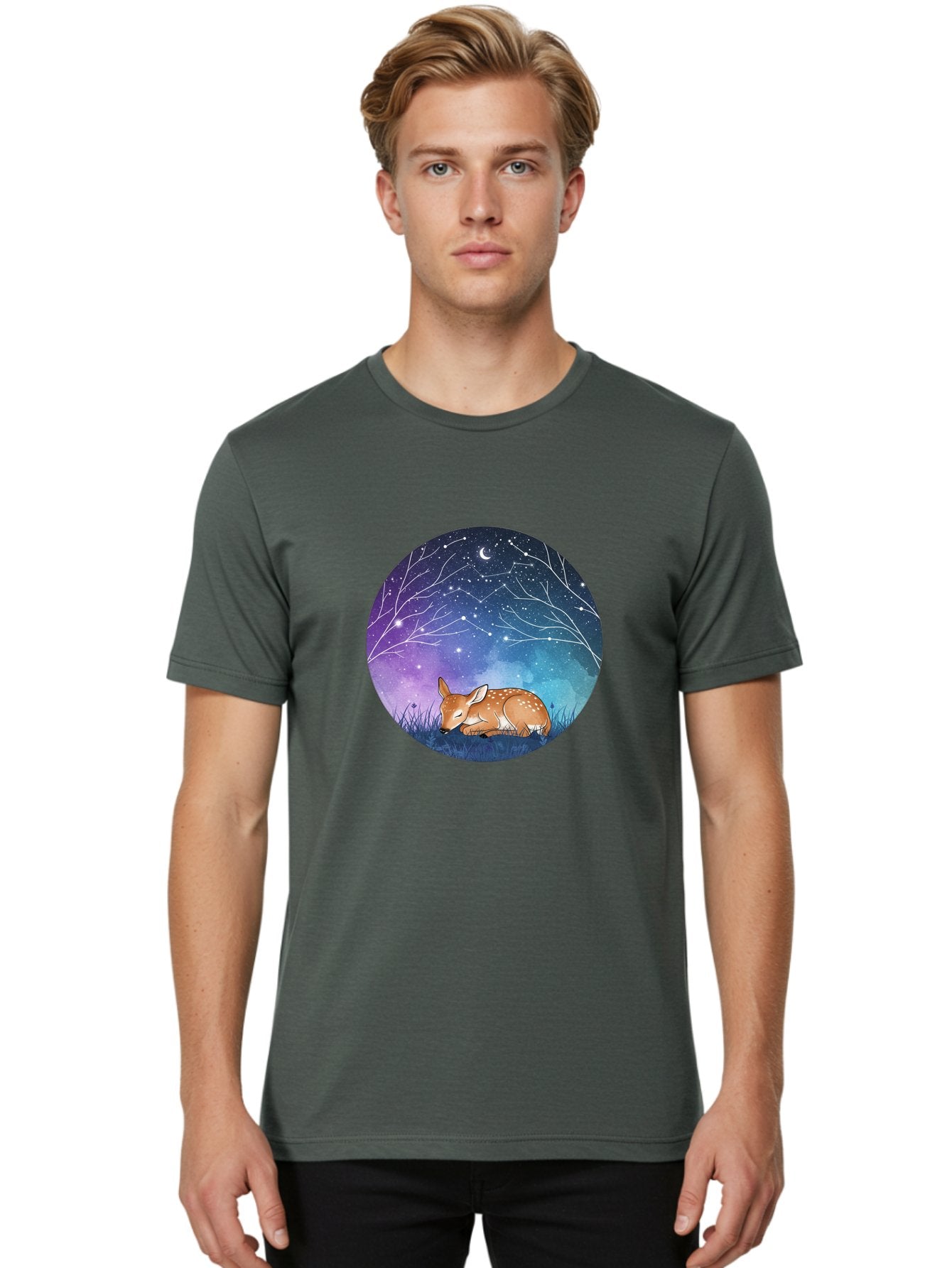 Deer-Under-Starry-Night-Sky Men'S Graphic Tee, 100% Cotton, Comfortable Casual Summer Wear, Machine Washable, Vintage Camera, Old Camera, Antique Camera, Black Camera, Classic Photography, Photography Equipment, Nostalgic Device, Film Camera, Baf030 30
