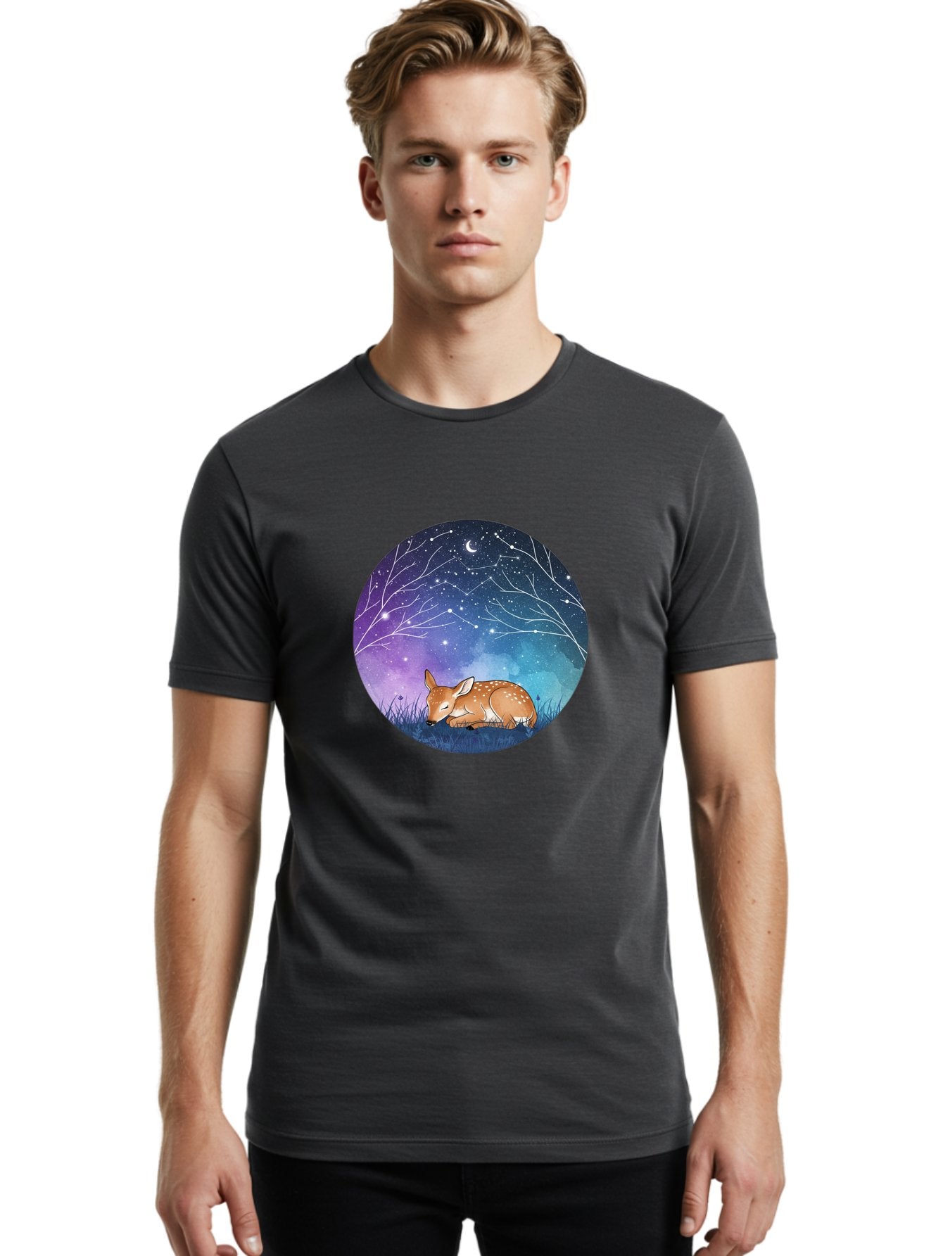 Deer-Under-Starry-Night-Sky Men'S Graphic Tee, 100% Cotton, Comfortable Casual Summer Wear, Machine Washable, Vintage Camera, Old Camera, Antique Camera, Black Camera, Classic Photography, Photography Equipment, Nostalgic Device, Film Camera, Baf030 21
