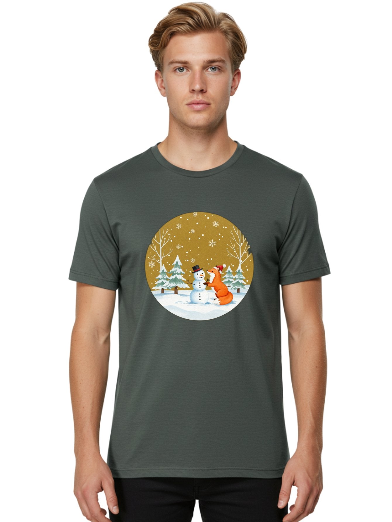 Fox-And-Snowman-Winter-Scene Men'S Graphic Tee, 100% Cotton, Comfortable Casual Summer Wear, Machine Washable, Vintage Camera, Old Camera, Antique Camera, Black Camera, Classic Photography, Photography Equipment, Nostalgic Device, Film Camera, Baf106 17