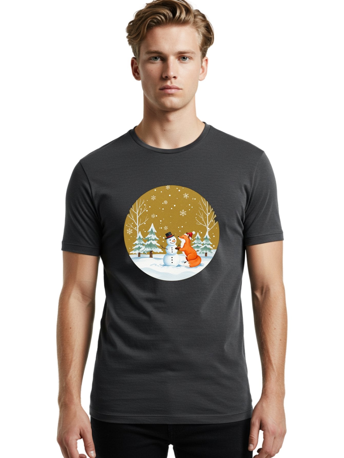Fox-And-Snowman-Winter-Scene Men'S Graphic Tee, 100% Cotton, Comfortable Casual Summer Wear, Machine Washable, Vintage Camera, Old Camera, Antique Camera, Black Camera, Classic Photography, Photography Equipment, Nostalgic Device, Film Camera, Baf106 27