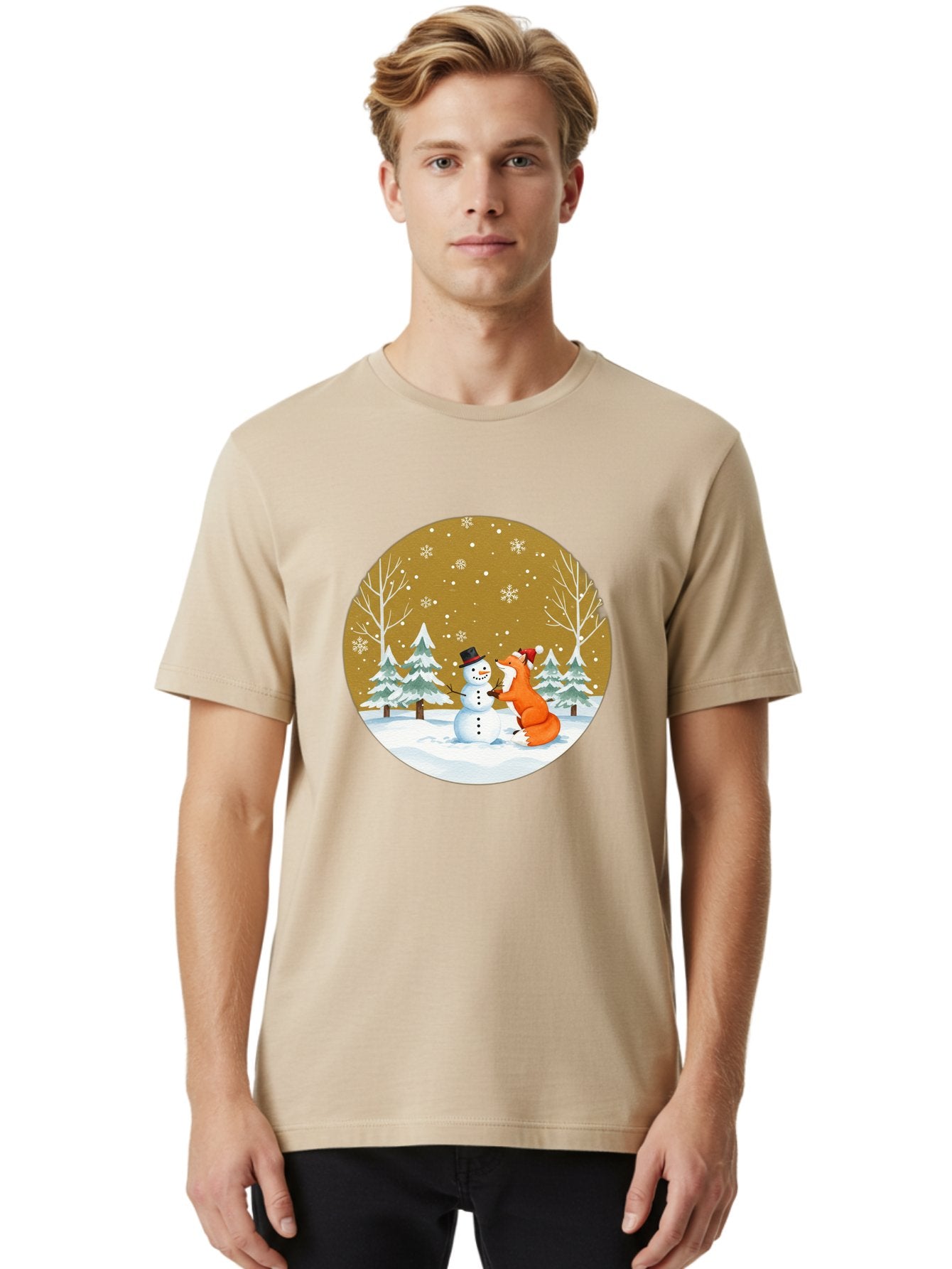 Fox-And-Snowman-Winter-Scene Men'S Graphic Tee, 100% Cotton, Comfortable Casual Summer Wear, Machine Washable, Vintage Camera, Old Camera, Antique Camera, Black Camera, Classic Photography, Photography Equipment, Nostalgic Device, Film Camera, Baf106 25