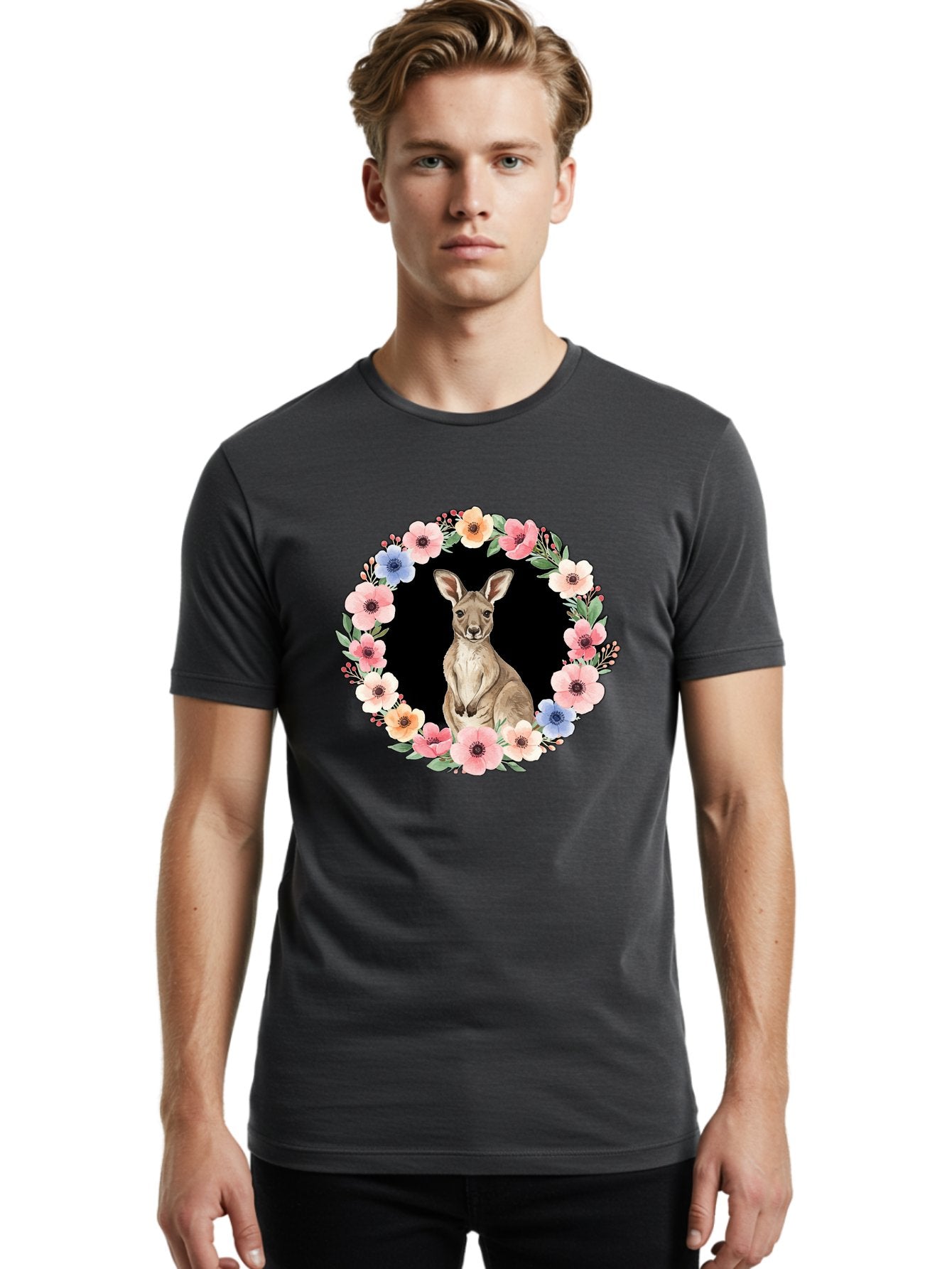 Kangaroo-In-Floral-Wreath Men'S Graphic Tee, 100% Cotton, Comfortable Casual Summer Wear, Machine Washable, Vintage Camera, Old Camera, Antique Camera, Black Camera, Classic Photography, Photography Equipment, Nostalgic Device, Film Camera, Baf157 24