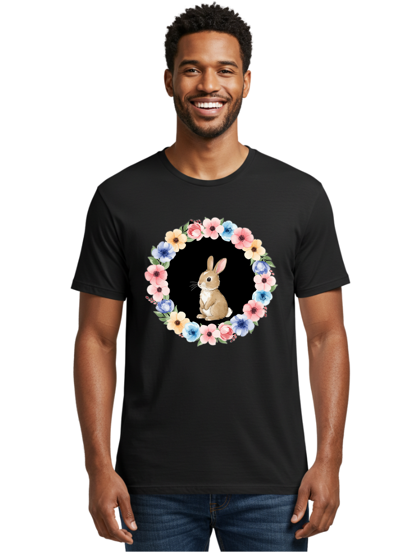 Rabbit-In-Floral-Circle Men'S Graphic Tee, 100% Cotton, Comfortable Casual Summer Wear, Machine Washable, Vintage Camera, Old Camera, Antique Camera, Black Camera, Classic Photography, Photography Equipment, Nostalgic Device, Film Camera, Baf448 17