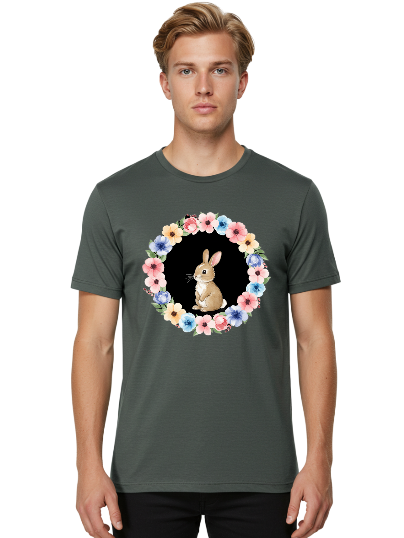 Rabbit-In-Floral-Circle Men'S Graphic Tee, 100% Cotton, Comfortable Casual Summer Wear, Machine Washable, Vintage Camera, Old Camera, Antique Camera, Black Camera, Classic Photography, Photography Equipment, Nostalgic Device, Film Camera, Baf448 21