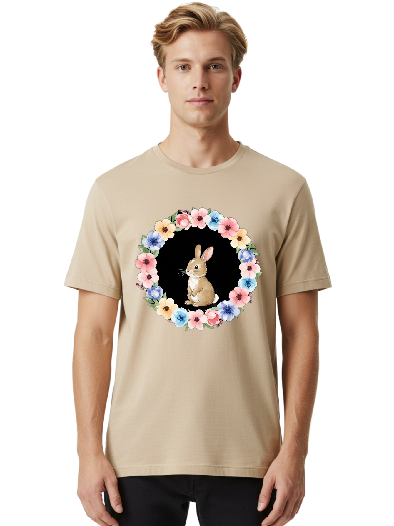 Rabbit-In-Floral-Circle Men'S Graphic Tee, 100% Cotton, Comfortable Casual Summer Wear, Machine Washable, Vintage Camera, Old Camera, Antique Camera, Black Camera, Classic Photography, Photography Equipment, Nostalgic Device, Film Camera, Baf448 19