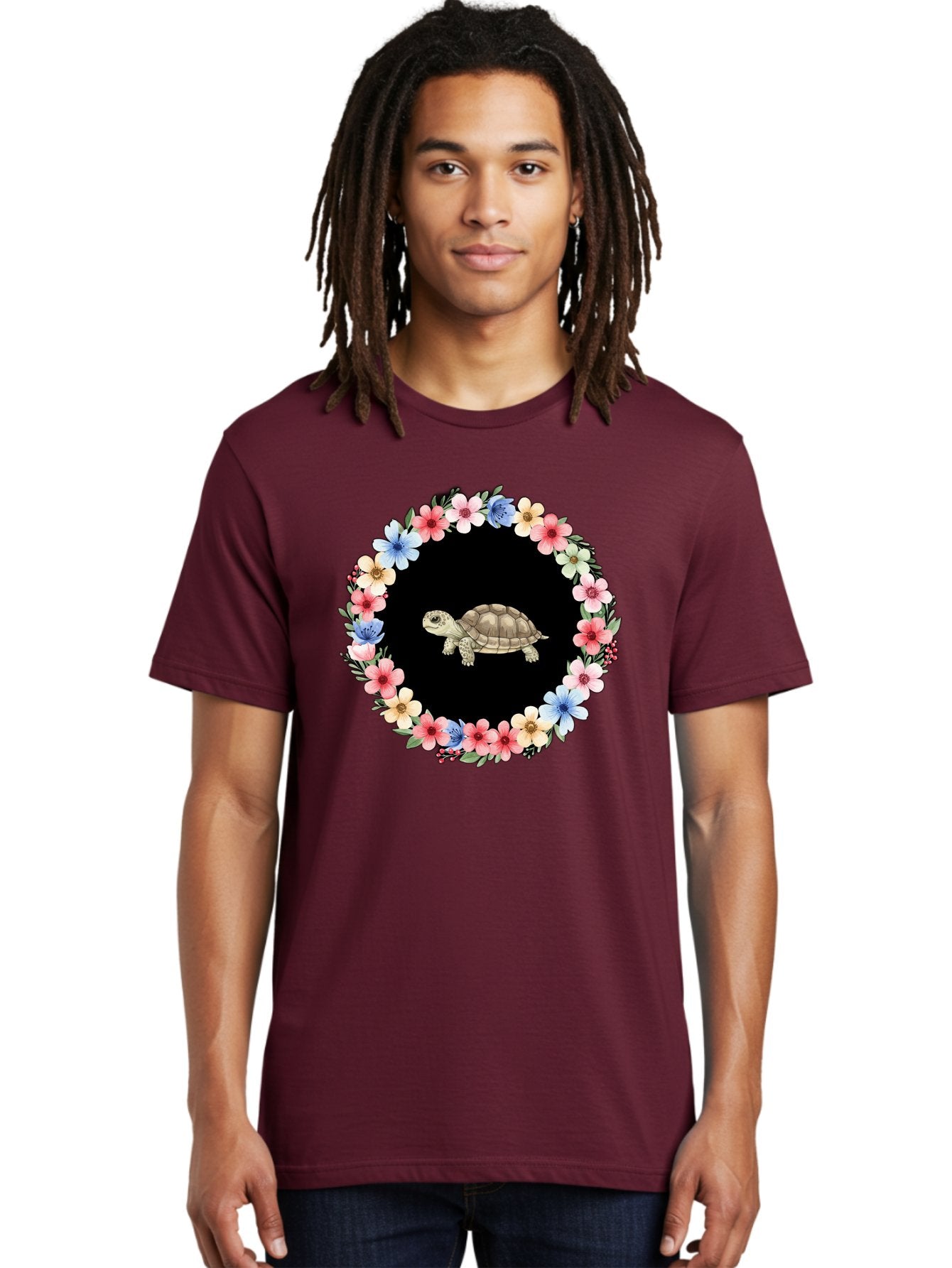 Tortoise-In-Floral-Circle Men'S Graphic Tee, 100% Cotton, Comfortable Casual Summer Wear, Machine Washable, Vintage Camera, Old Camera, Antique Camera, Black Camera, Classic Photography, Photography Equipment, Nostalgic Device, Film Camera, Baf597 25