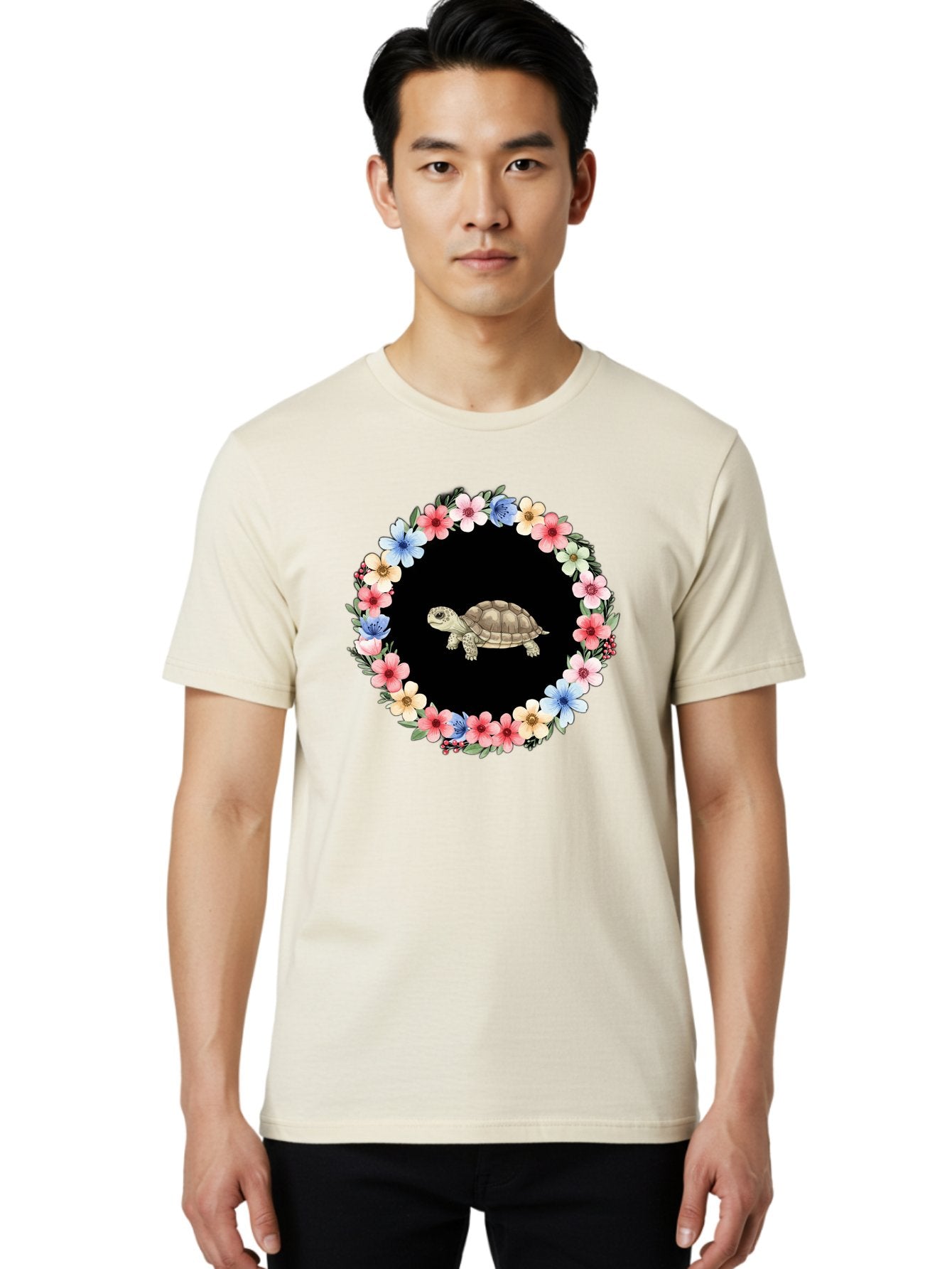 Tortoise-In-Floral-Circle Men'S Graphic Tee, 100% Cotton, Comfortable Casual Summer Wear, Machine Washable, Vintage Camera, Old Camera, Antique Camera, Black Camera, Classic Photography, Photography Equipment, Nostalgic Device, Film Camera, Baf597 27