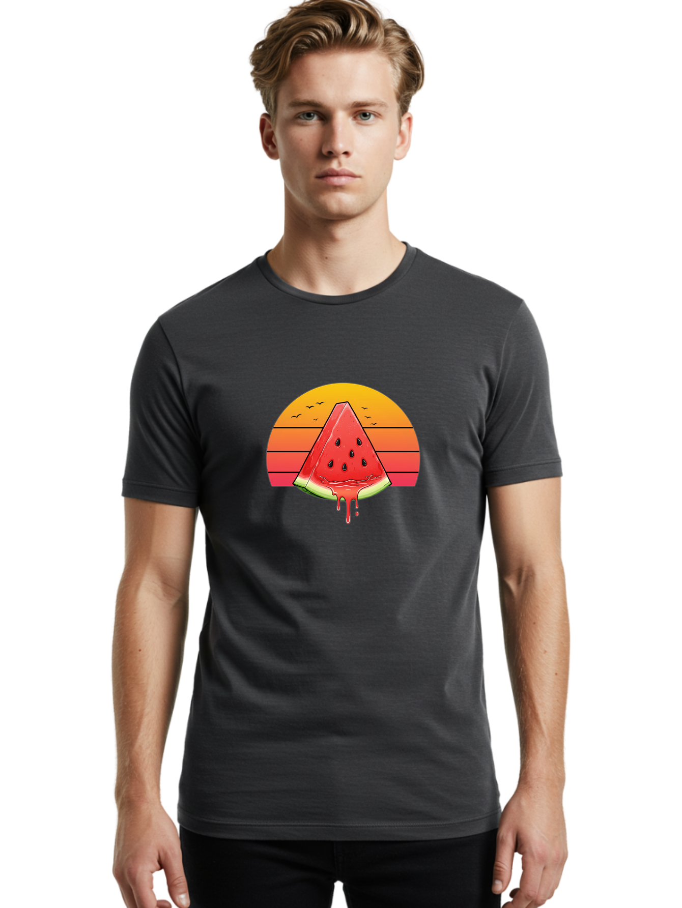 Watermelon-Sunset Men'S Graphic Tee, 100% Cotton, Comfortable Casual Summer Wear, Machine Washable, Vintage Camera, Old Camera, Antique Camera, Black Camera, Classic Photography, Photography Equipment, Nostalgic Device, Film Camera, Camera Art Baf644