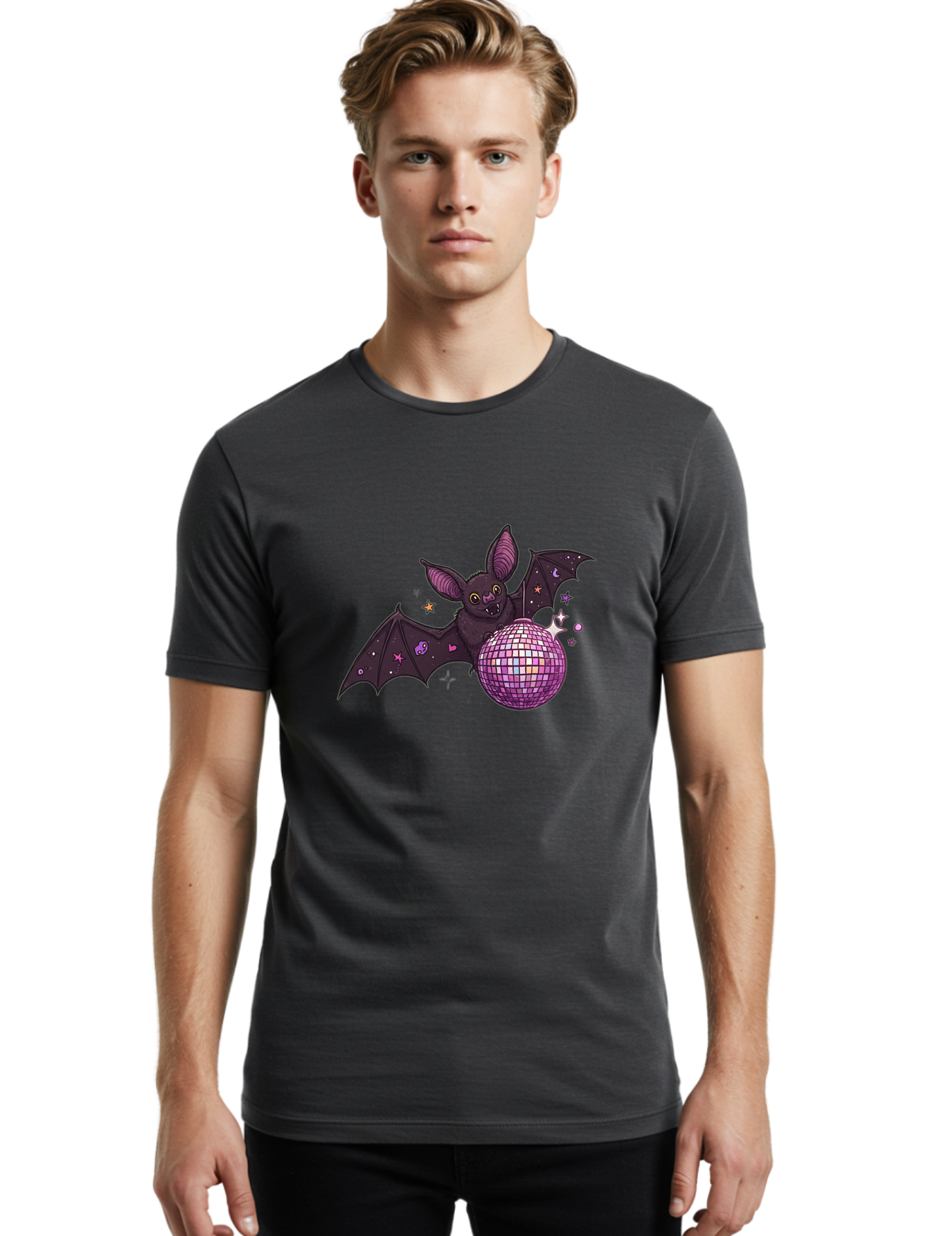 Bat-Holding-Disco-Ball-2 Men'S Graphic Tee, 100% Cotton, Comfortable Casual Summer Wear, Machine Washable, Vintage Camera, Old Camera, Antique Camera, Black Camera, Classic Photography, Photography Equipment, Nostalgic Device, Film Camera, Baf692