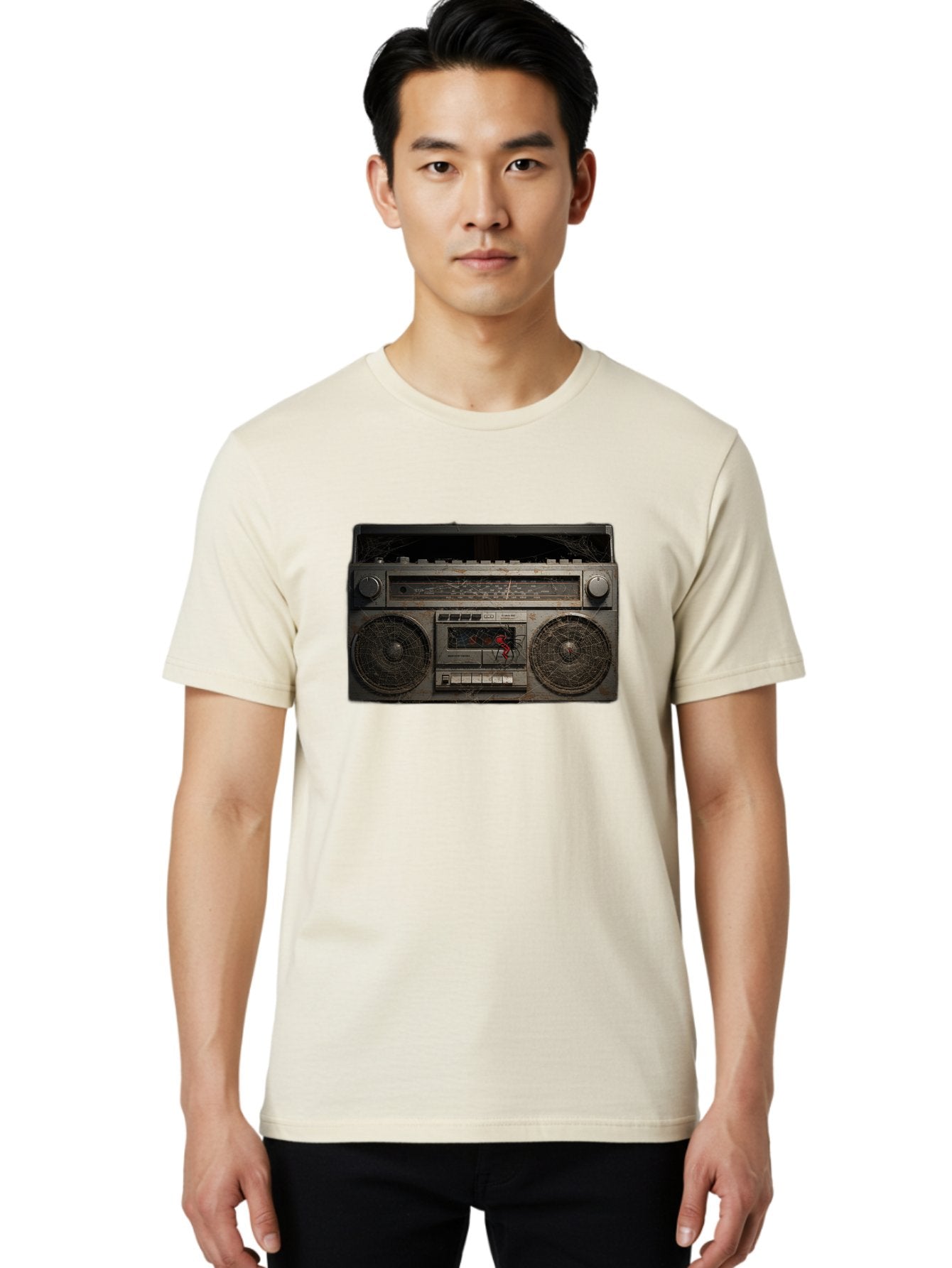 Boombox-With-Spider Men'S Graphic Tee, 100% Cotton, Comfortable Casual Summer Wear, Machine Washable, Vintage Camera, Old Camera, Antique Camera, Black Camera, Classic Photography, Photography Equipment, Nostalgic Device, Film Camera, Baf703 30