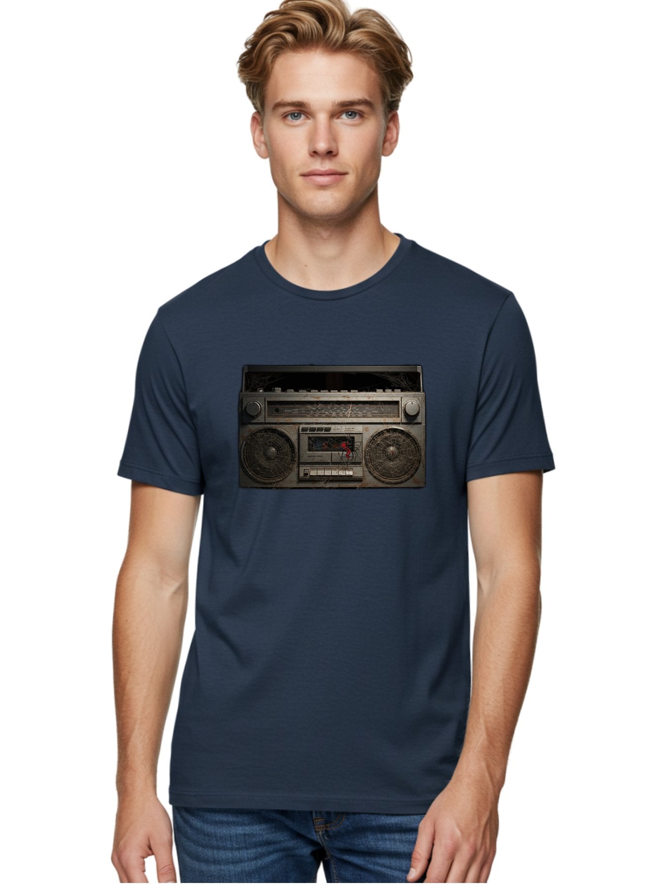 Boombox-With-Spider Men'S Graphic Tee, 100% Cotton, Comfortable Casual Summer Wear, Machine Washable, Vintage Camera, Old Camera, Antique Camera, Black Camera, Classic Photography, Photography Equipment, Nostalgic Device, Film Camera, Baf703 19