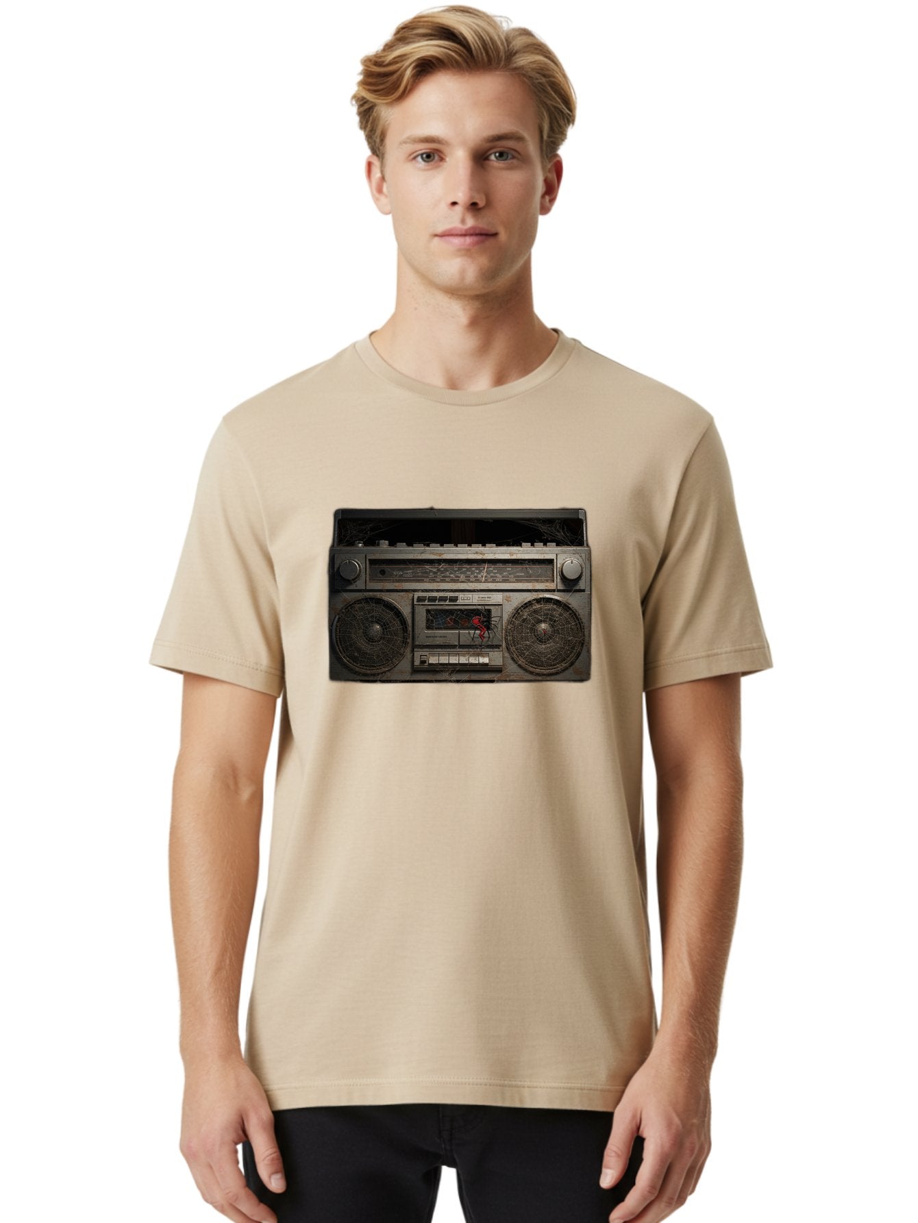 Boombox-With-Spider Men'S Graphic Tee, 100% Cotton, Comfortable Casual Summer Wear, Machine Washable, Vintage Camera, Old Camera, Antique Camera, Black Camera, Classic Photography, Photography Equipment, Nostalgic Device, Film Camera, Baf703 28