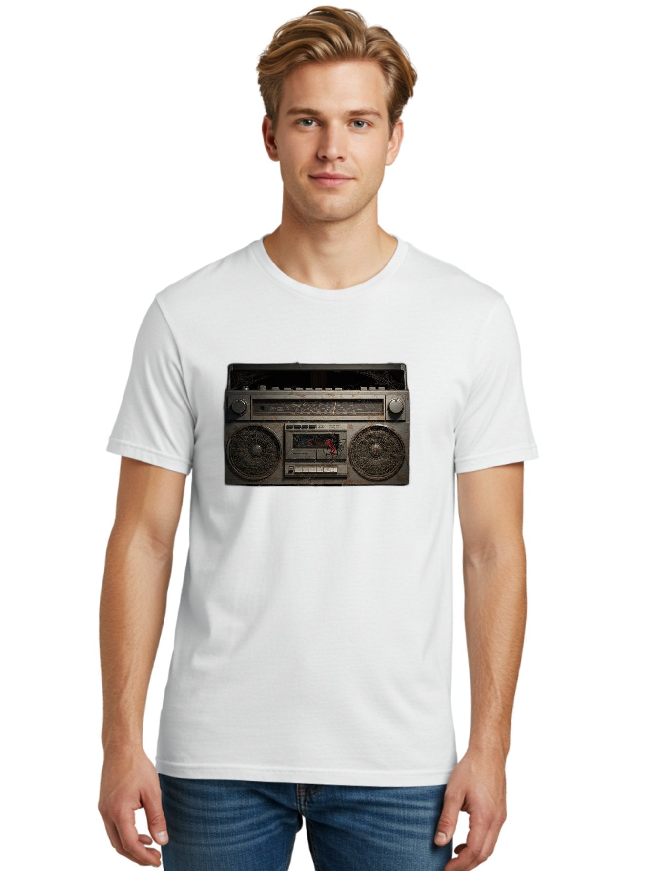 Boombox-With-Spider Men'S Graphic Tee, 100% Cotton, Comfortable Casual Summer Wear, Machine Washable, Vintage Camera, Old Camera, Antique Camera, Black Camera, Classic Photography, Photography Equipment, Nostalgic Device, Film Camera, Baf703 22