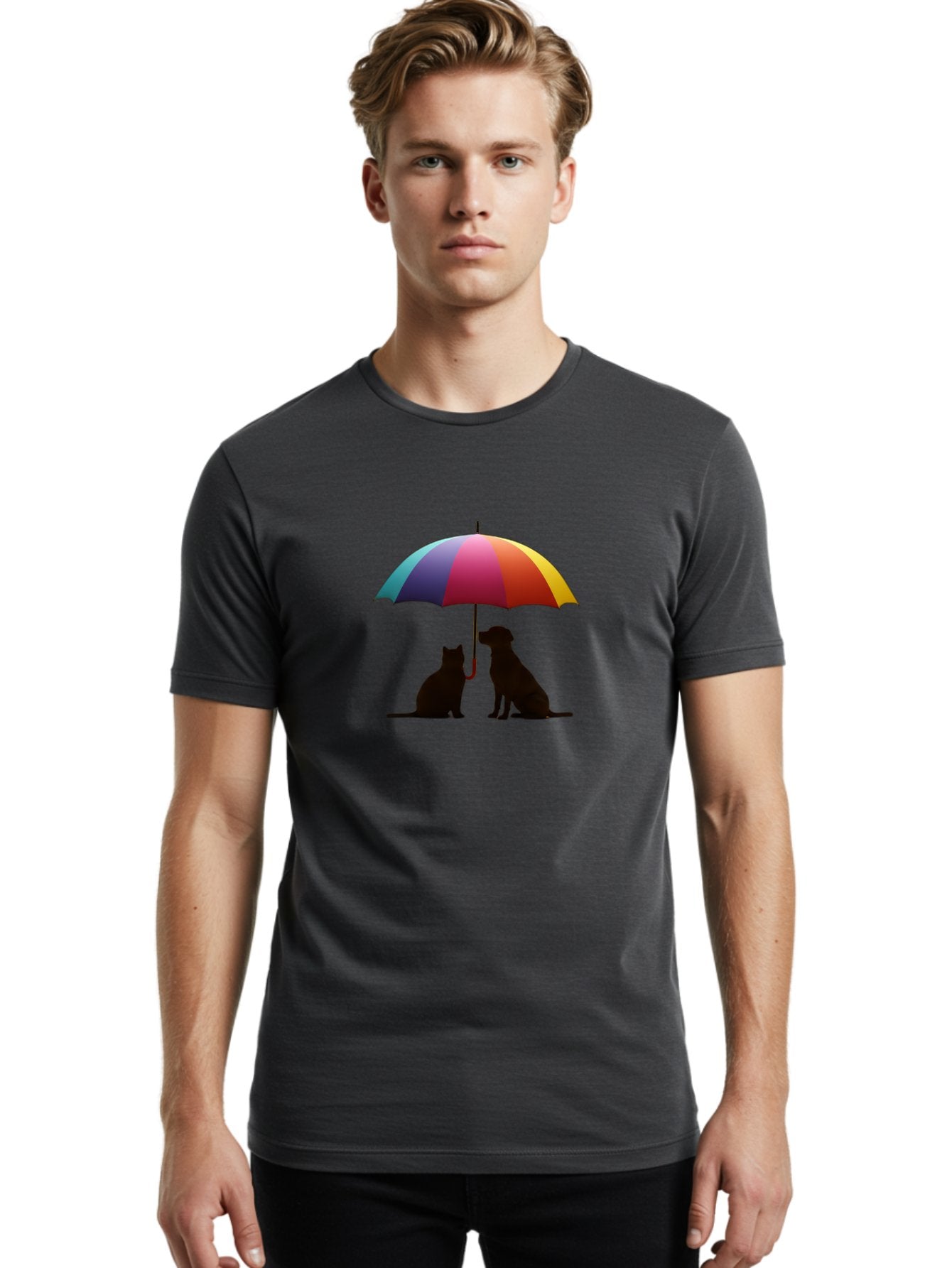 Cat-And-Dog-Under-Umbrella-1 Men'S Graphic Tee, 100% Cotton, Comfortable Casual Summer Wear, Machine Washable, Vintage Camera, Old Camera, Antique Camera, Black Camera, Classic Photography, Photography Equipment, Nostalgic Device, Film Camera, Baf715 29